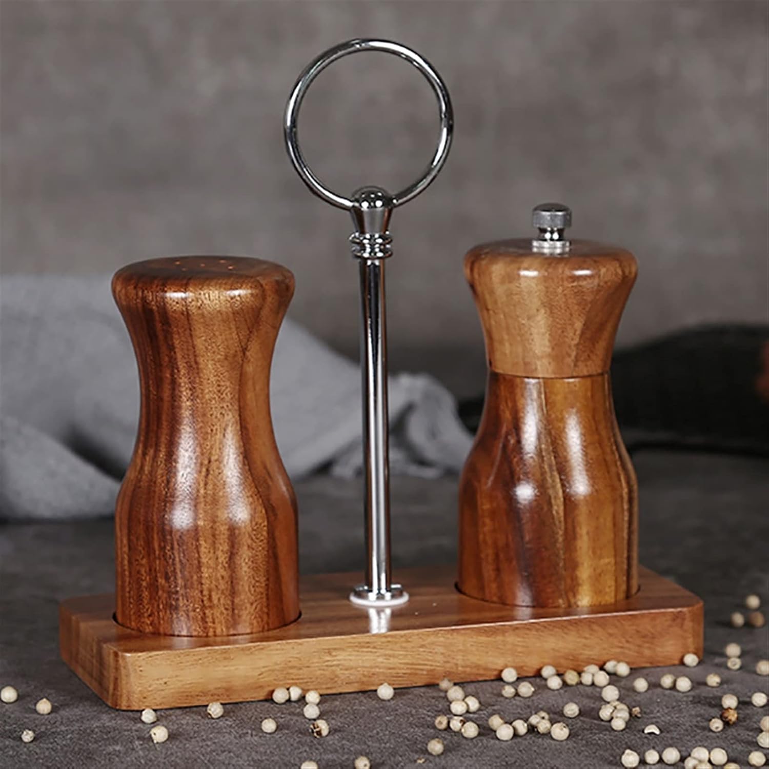 Wooden Pepper and Salt Grinder Set with Hand Crank Holder