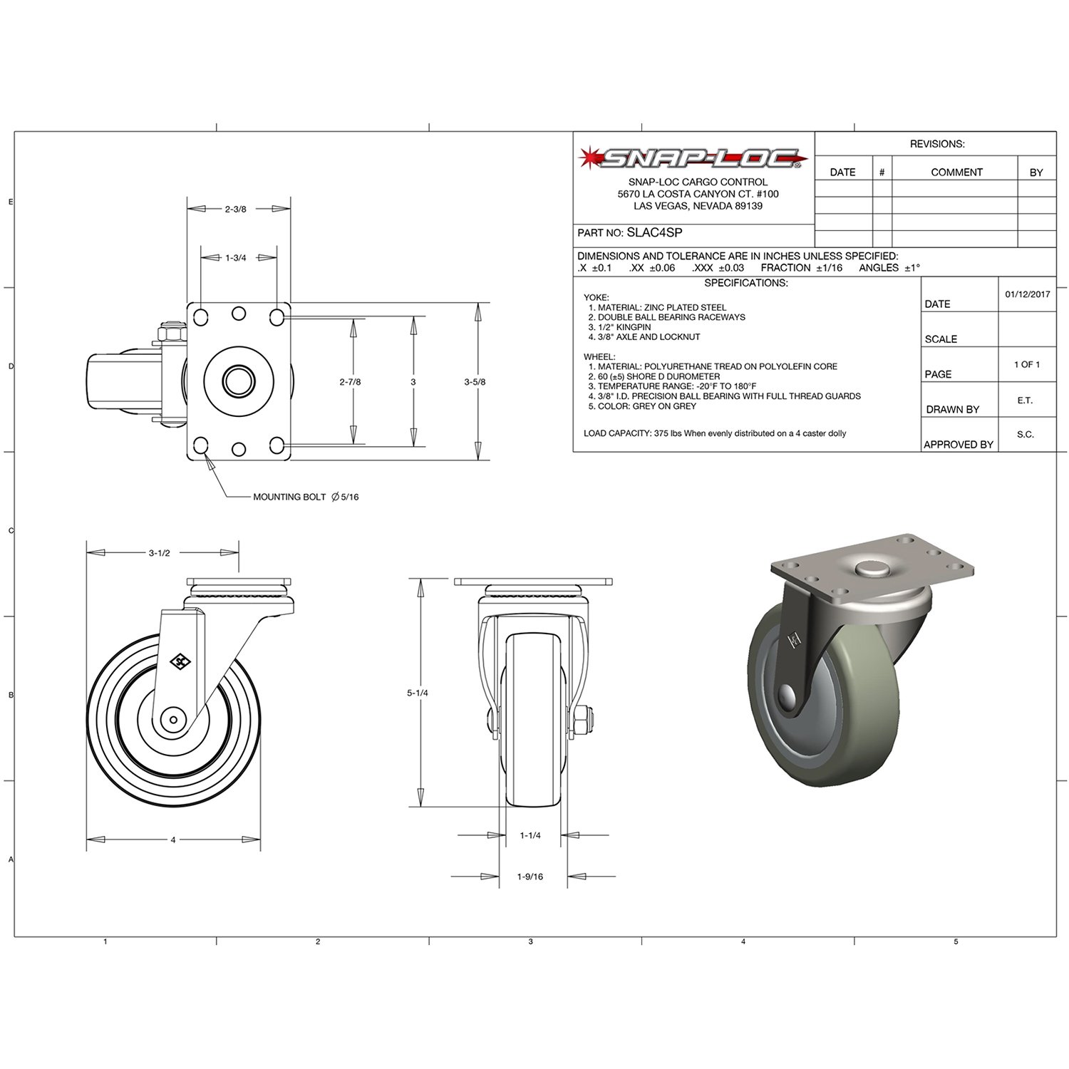 Snap-Loc 4 Inch Swivel Caster 375 LB Polyurethane