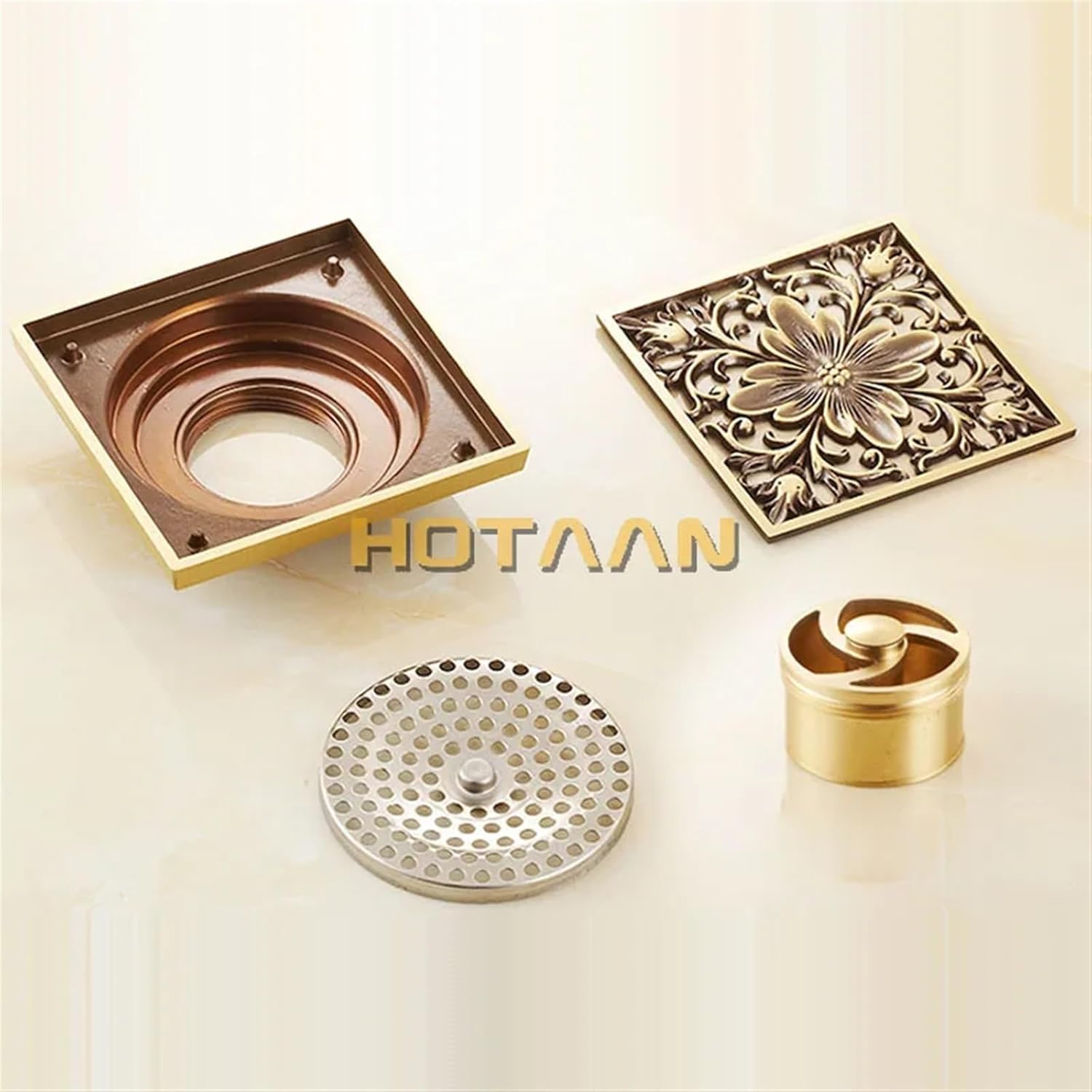 Antique Brass Carved Bathroom Floor Drain 100mmx100mm YT-2111