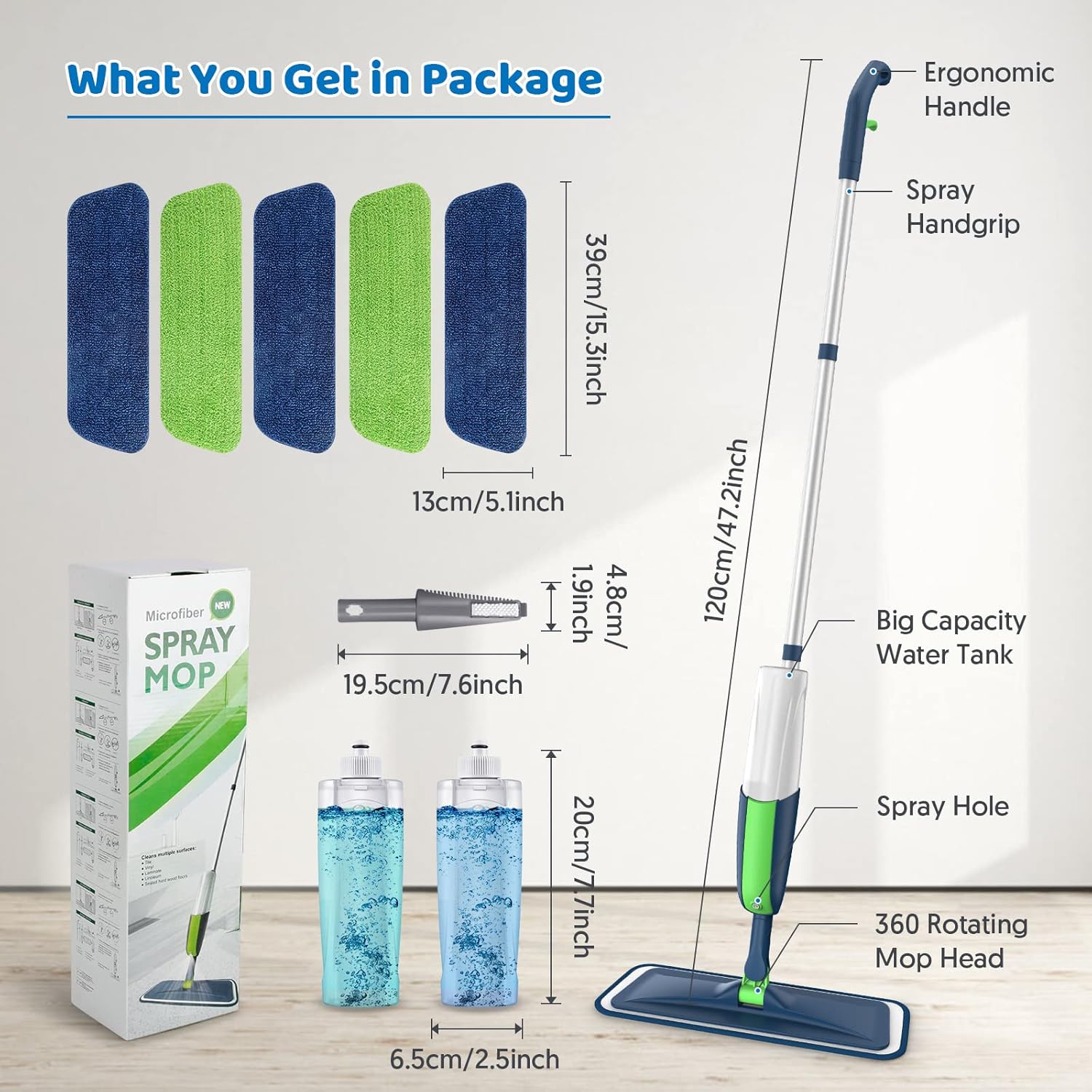 Mexerris Wet Mop with 5X Washable Pads 2X Bottles