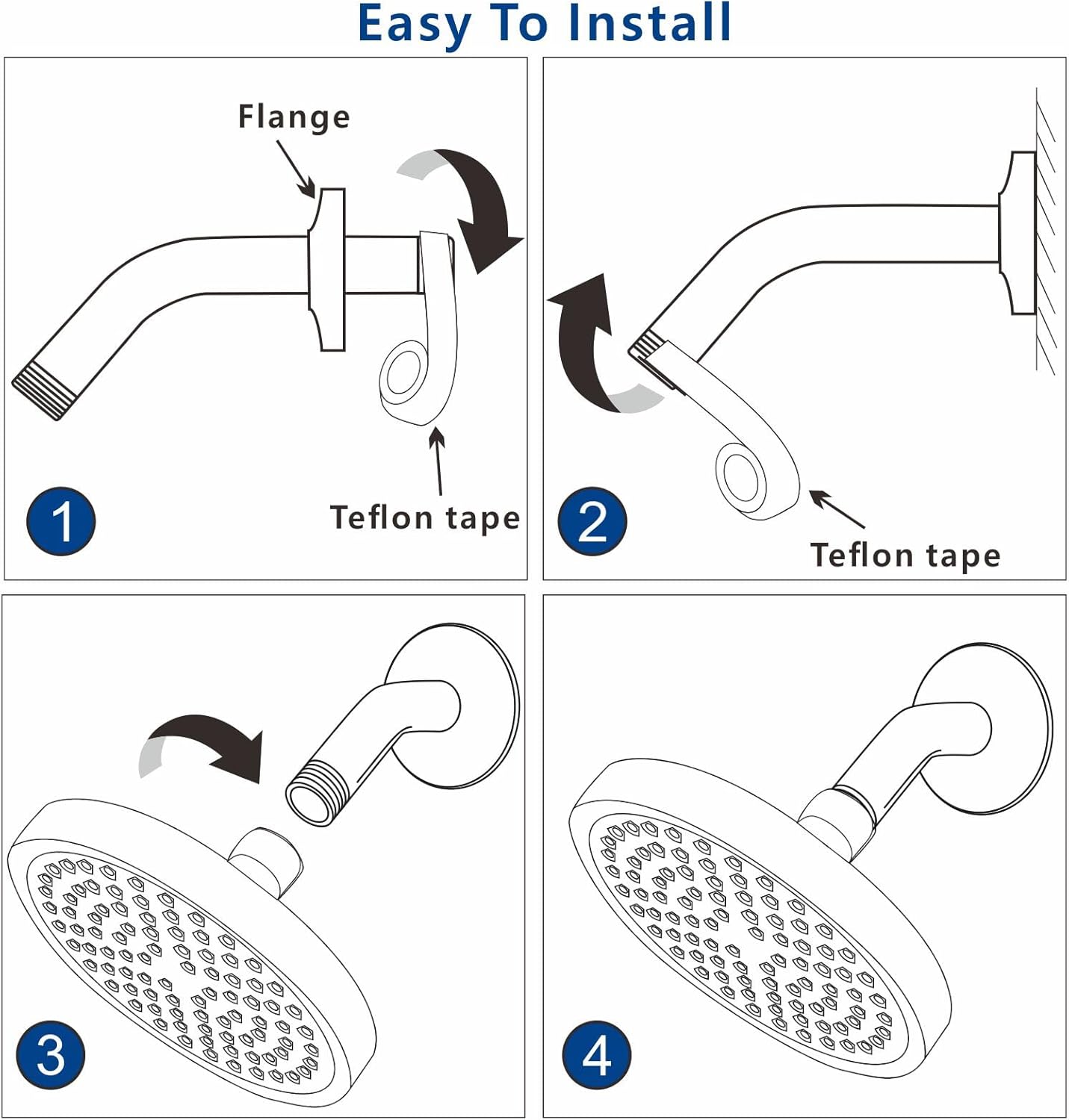 Eolax 8 Inch Chrome Shower Arm and Flange with Teflon Tape