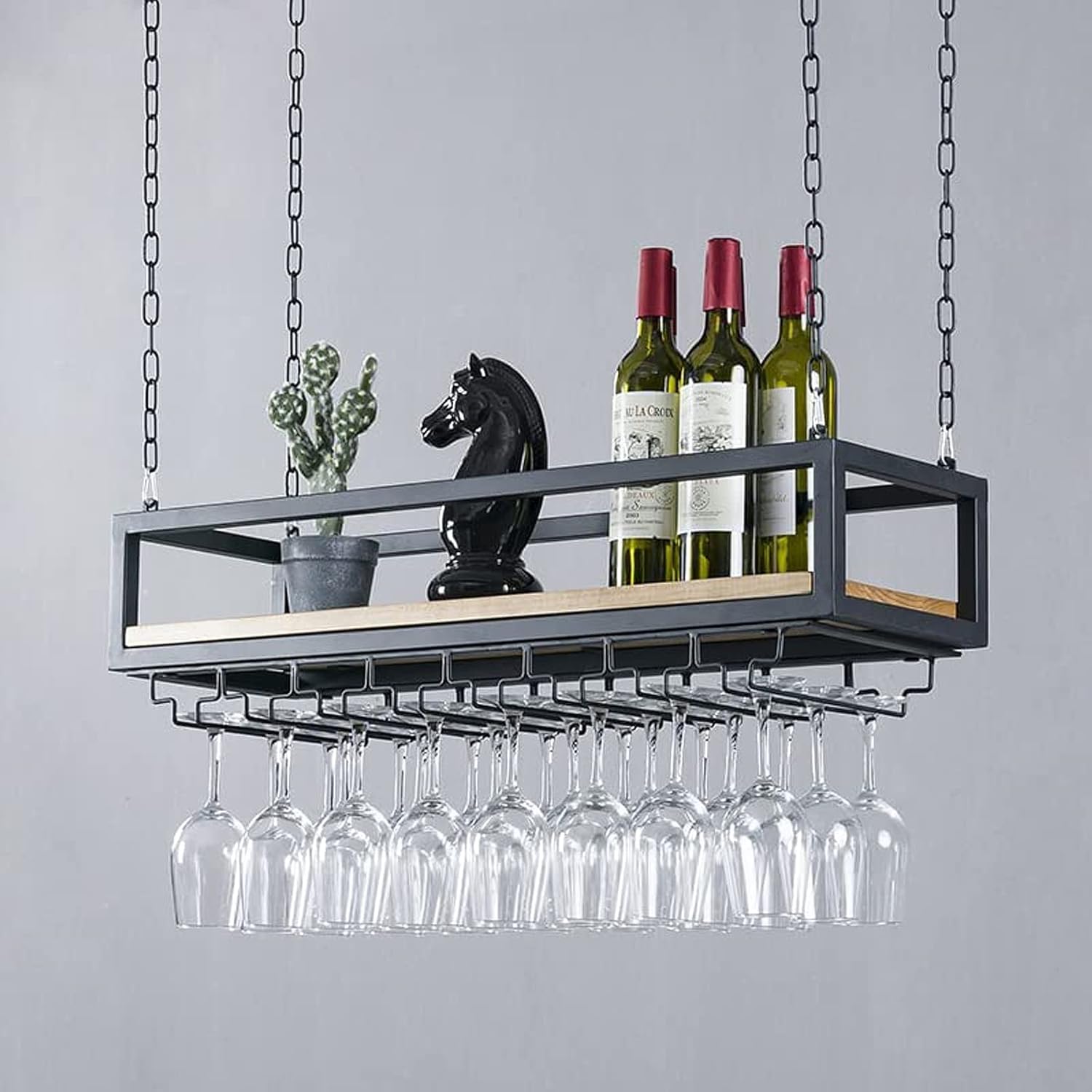 Ceiling Hanging Wine Rack with Wood Shelf and Metal Frame