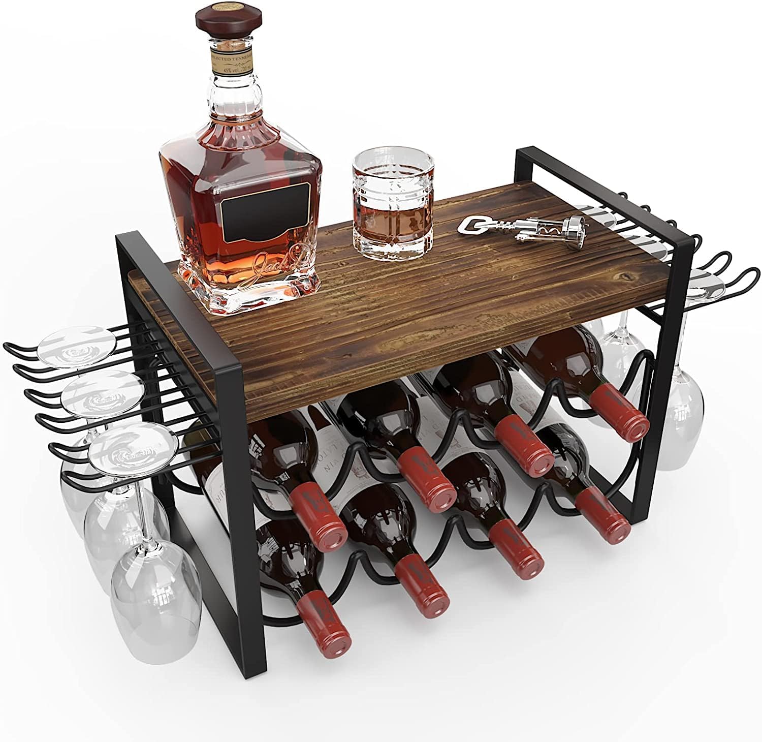 JAFUSI 8-Bottle Wine Rack with Wood Tray and Glasses Hooks
