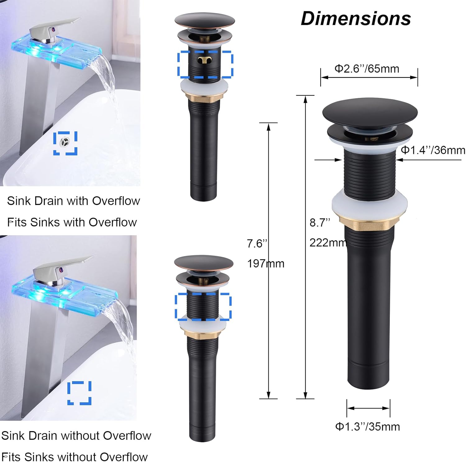 Oil Rubbed Bronze Sink Drain with Overflow and Detachable Strainer