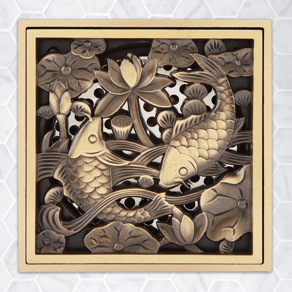 AUNMAS 4 Inch Antique Brass Shower Floor Drain with Fish Lotus Pattern