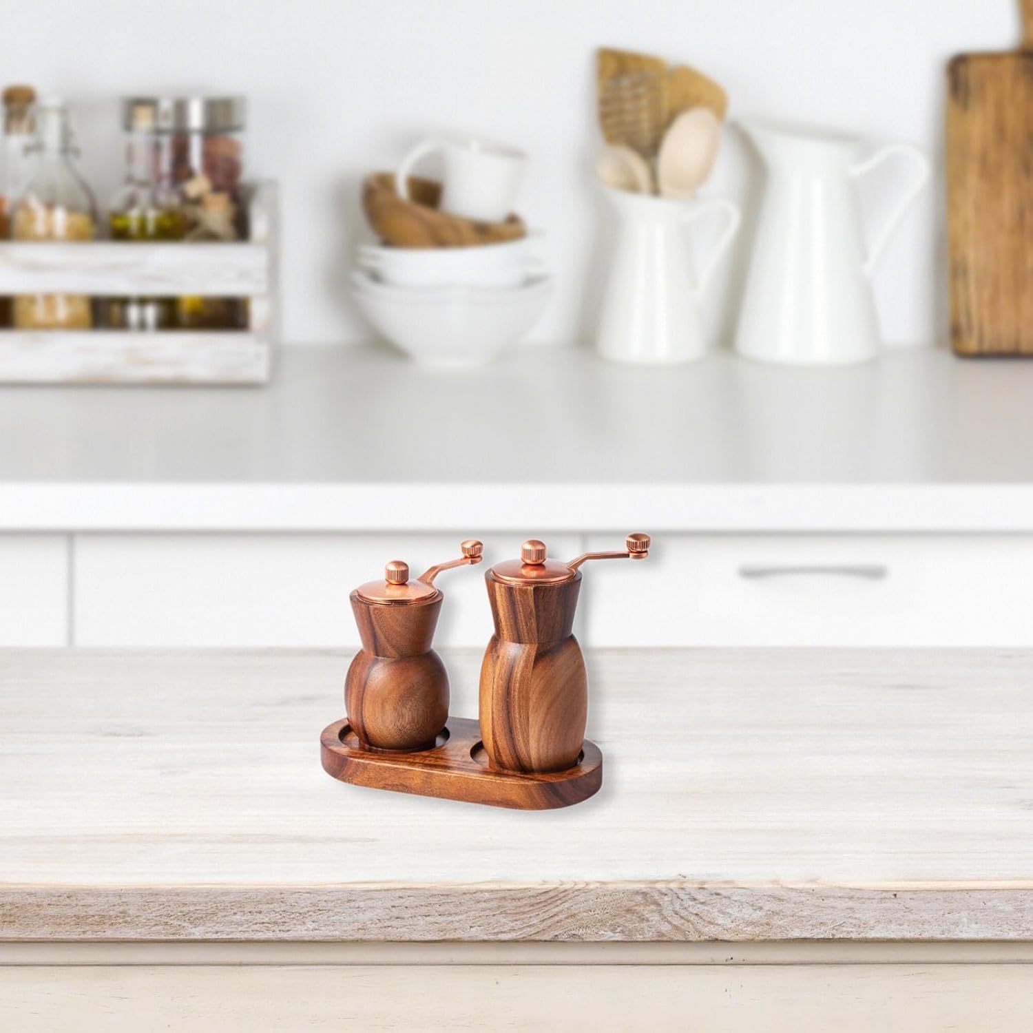 Bothyi Wood Salt Mill Set with Adjustable Coarseness and Tray