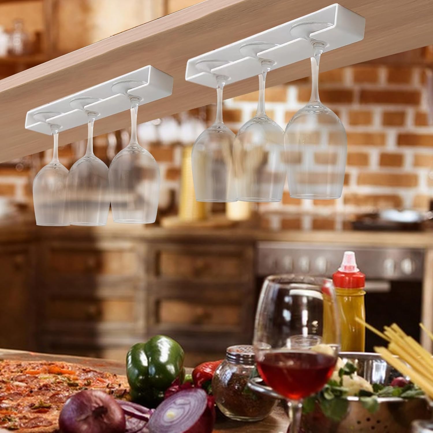 AQJUNONG 2 Pack Wine Glass Holder No Drilling Under Cabinet Rack 1