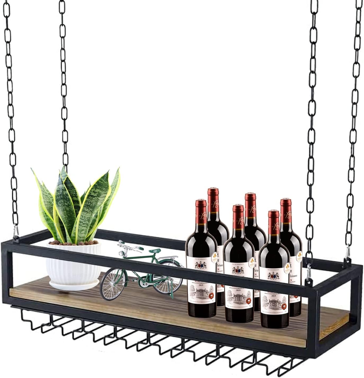 Ceiling Hanging Wine Rack with Wood Shelf and Metal Frame