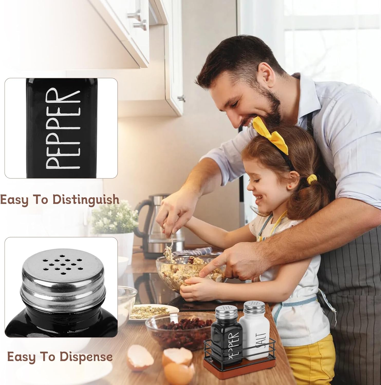 Cute Farmhouse Salt Pepper Shaker Set with Wooden Holder
