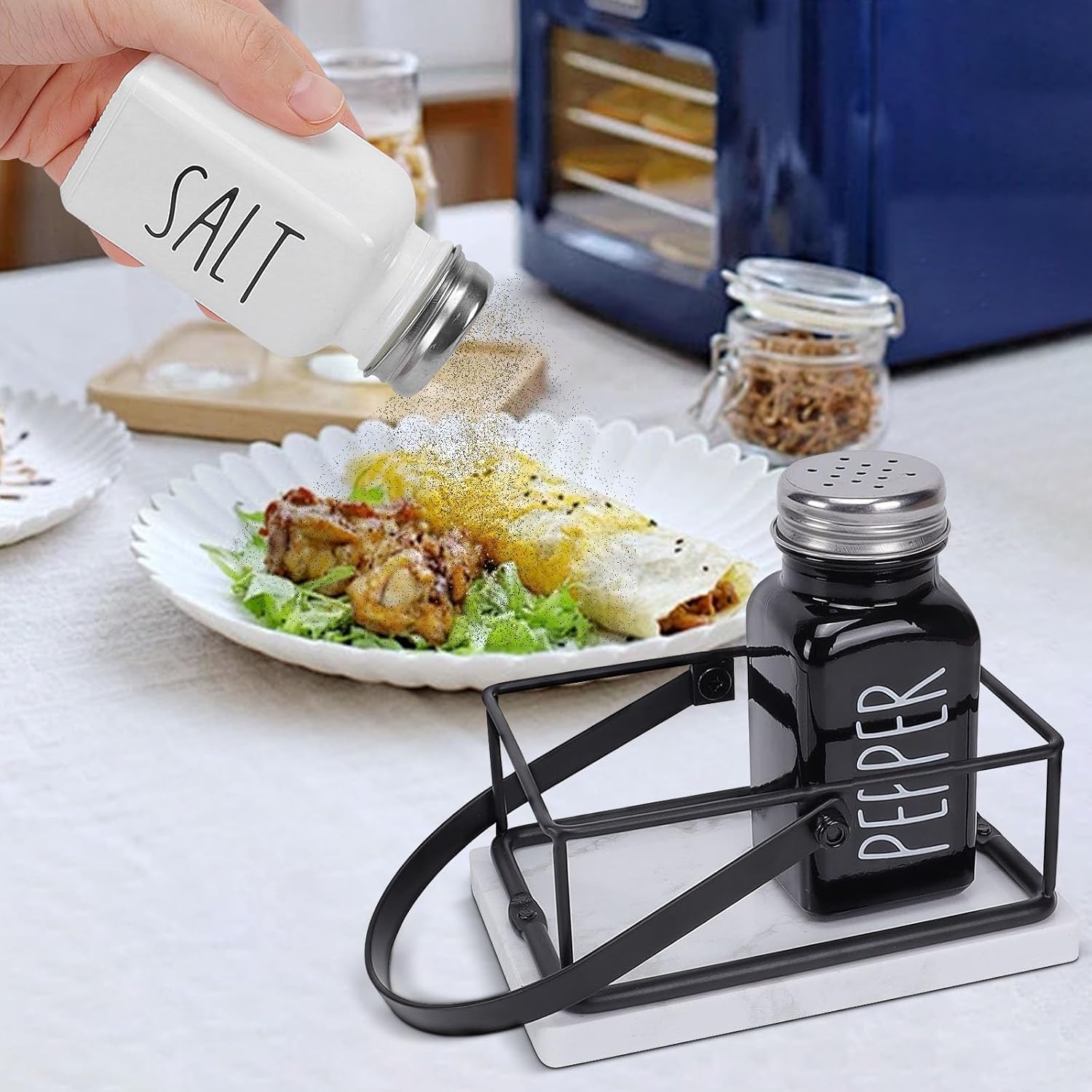 Livabber 2 Salt and Pepper Shakers with Marble Holder Set