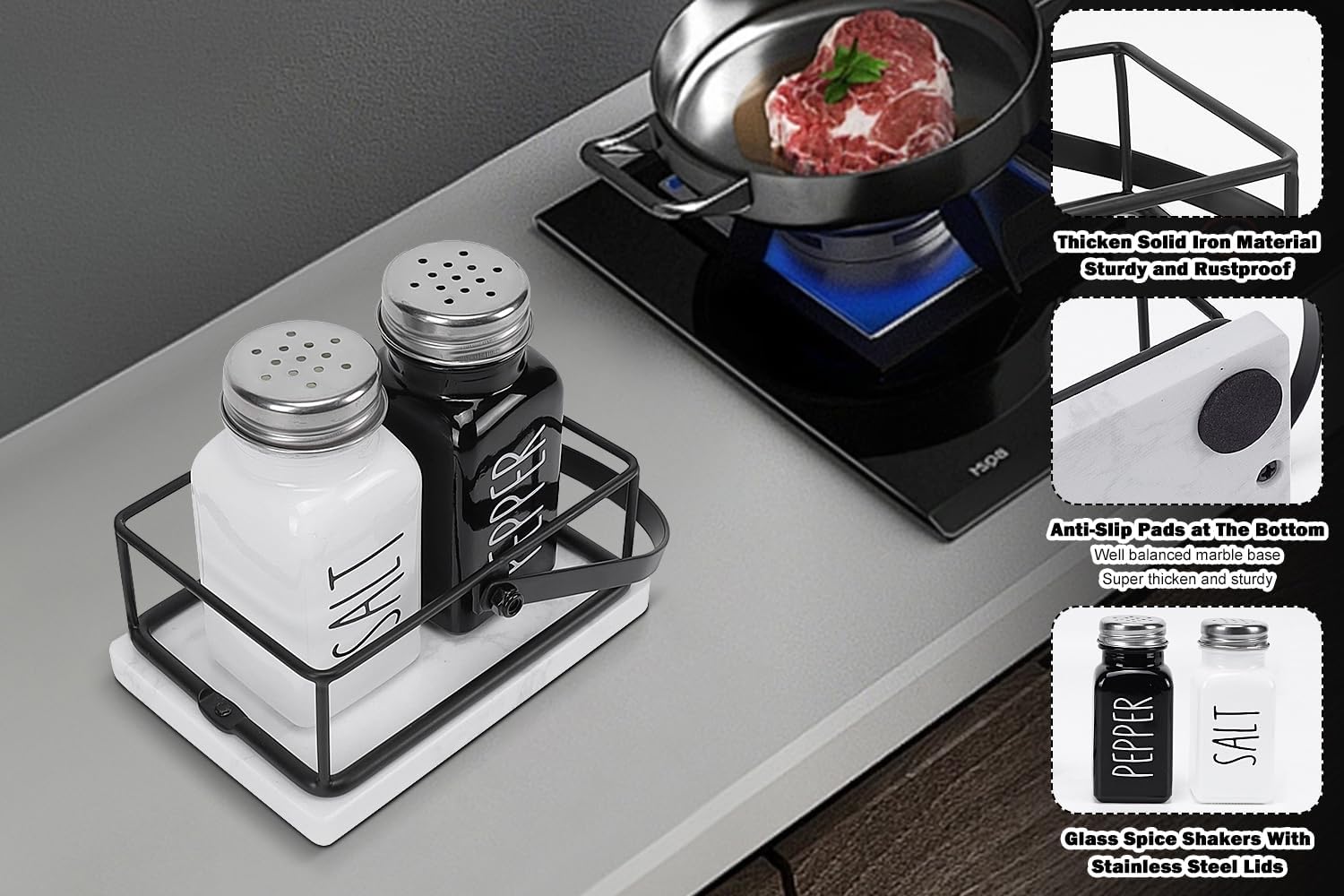 Livabber 2 Salt and Pepper Shakers with Marble Holder Set