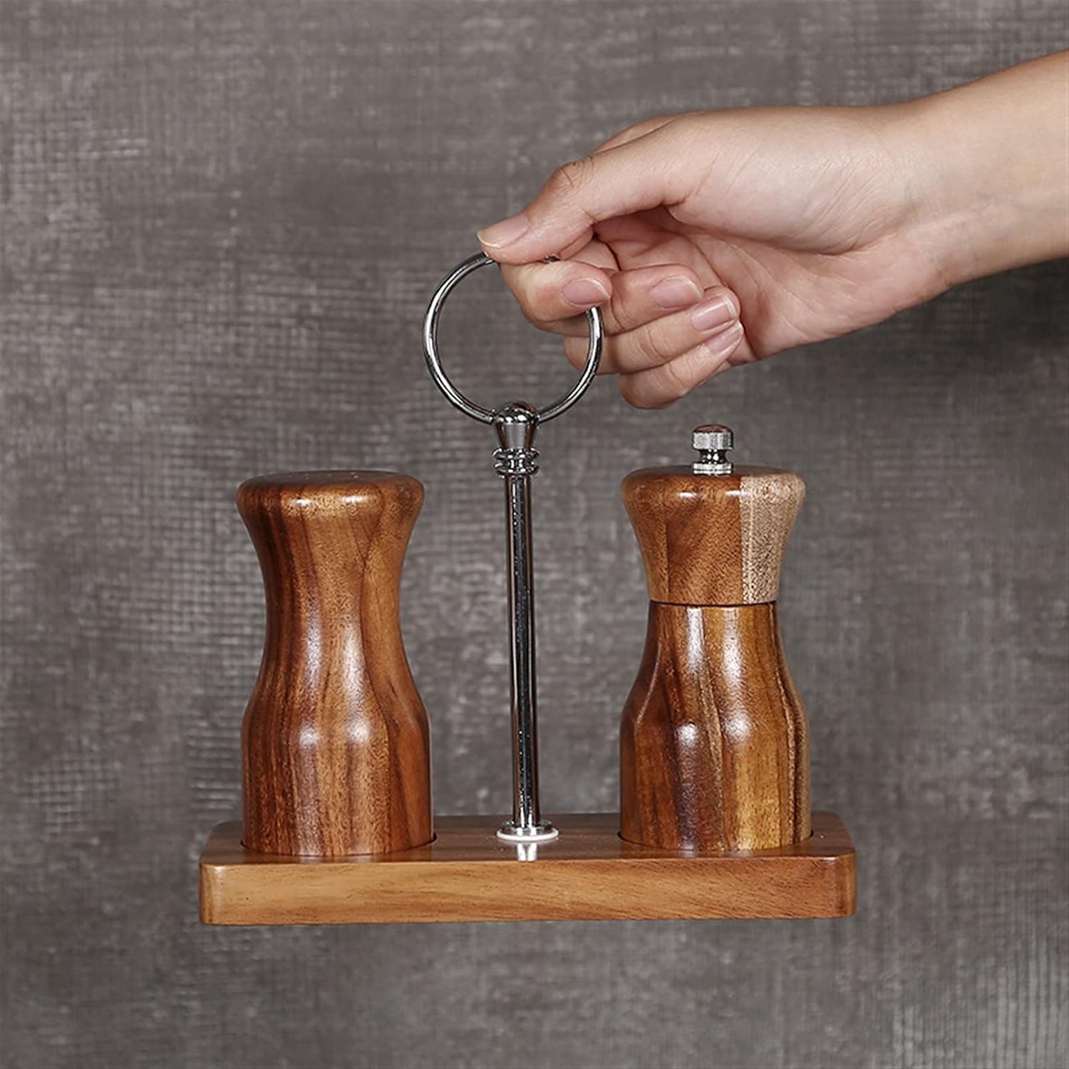 Wooden Pepper and Salt Grinder Set with Hand Crank Holder