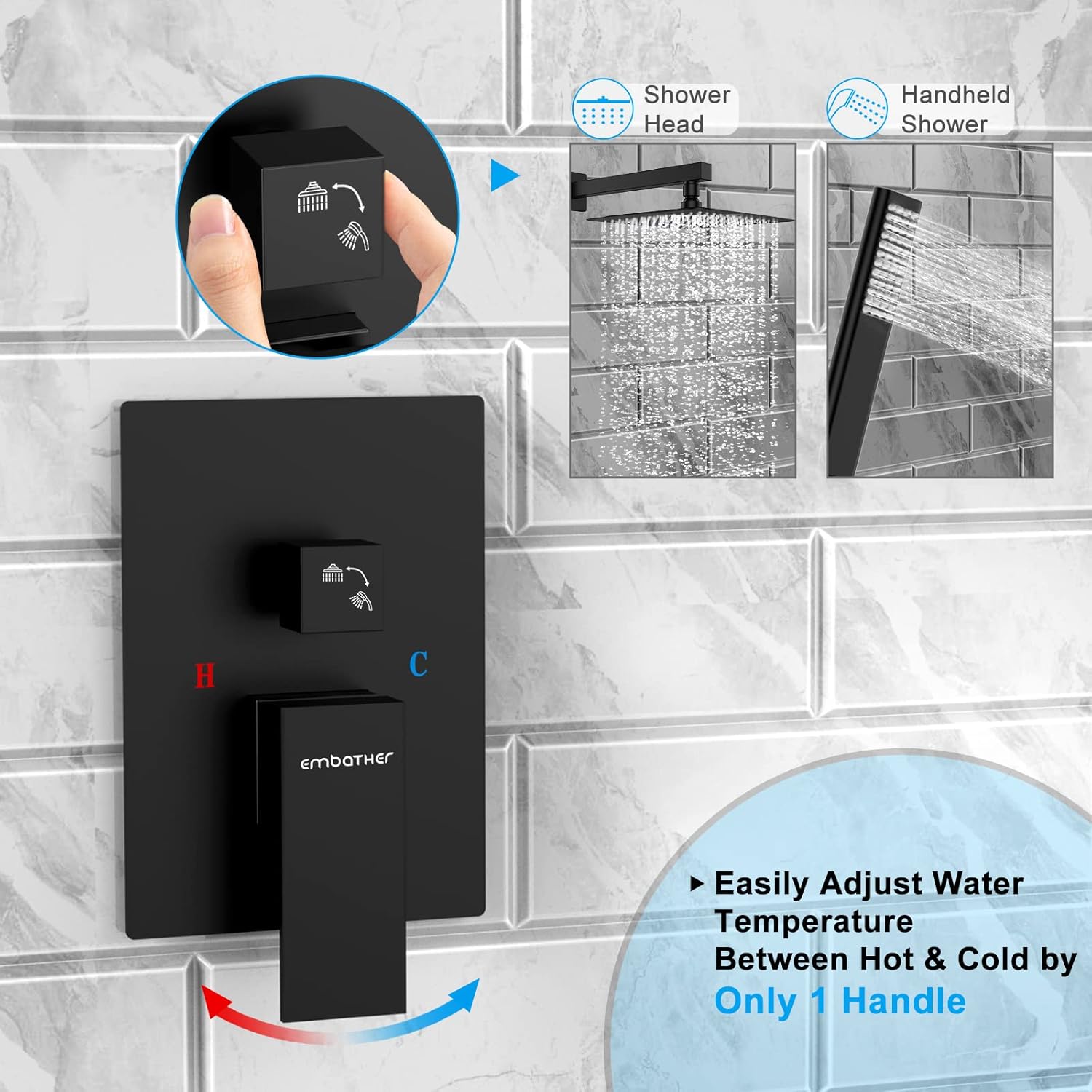 EMBATHER Black Rainhead Shower System Set