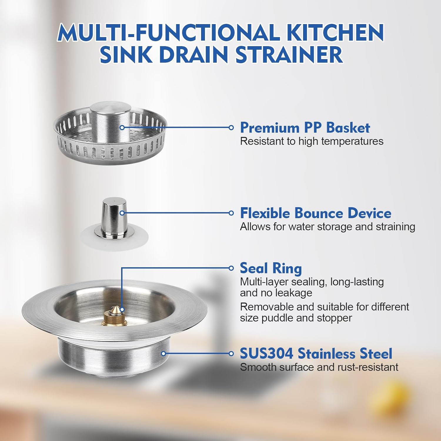 Upgraded 3 in 1 Kitchen Sink Drain Strainer - Stainless Steel