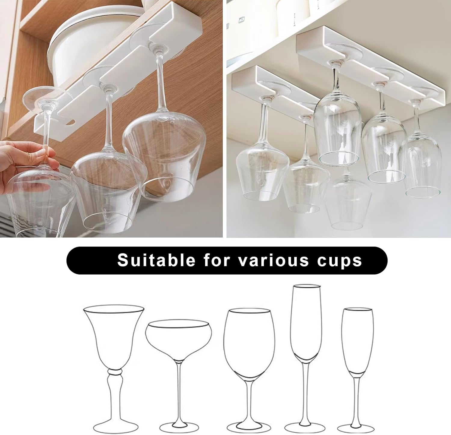 AQJUNONG 2 Pack Wine Glass Holder No Drilling Under Cabinet Rack 1