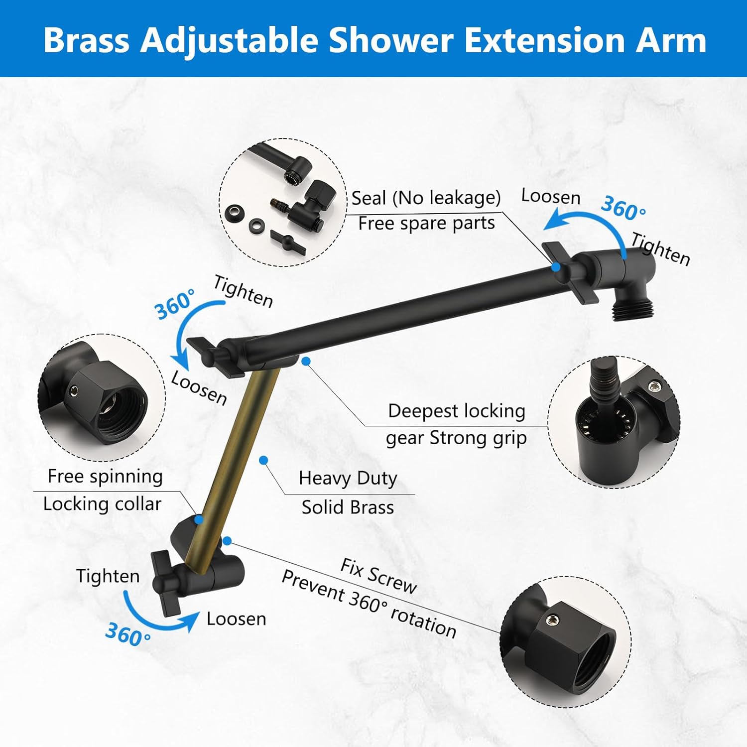 PDPBath Brass 16 Inch Shower Arm Extension - Matte Black