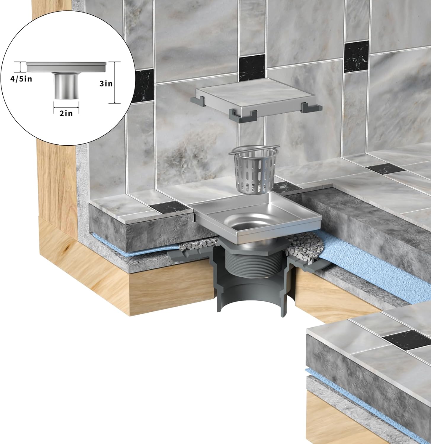Bernkot Square Shower Drain 6 with 2 PVC Flange Base