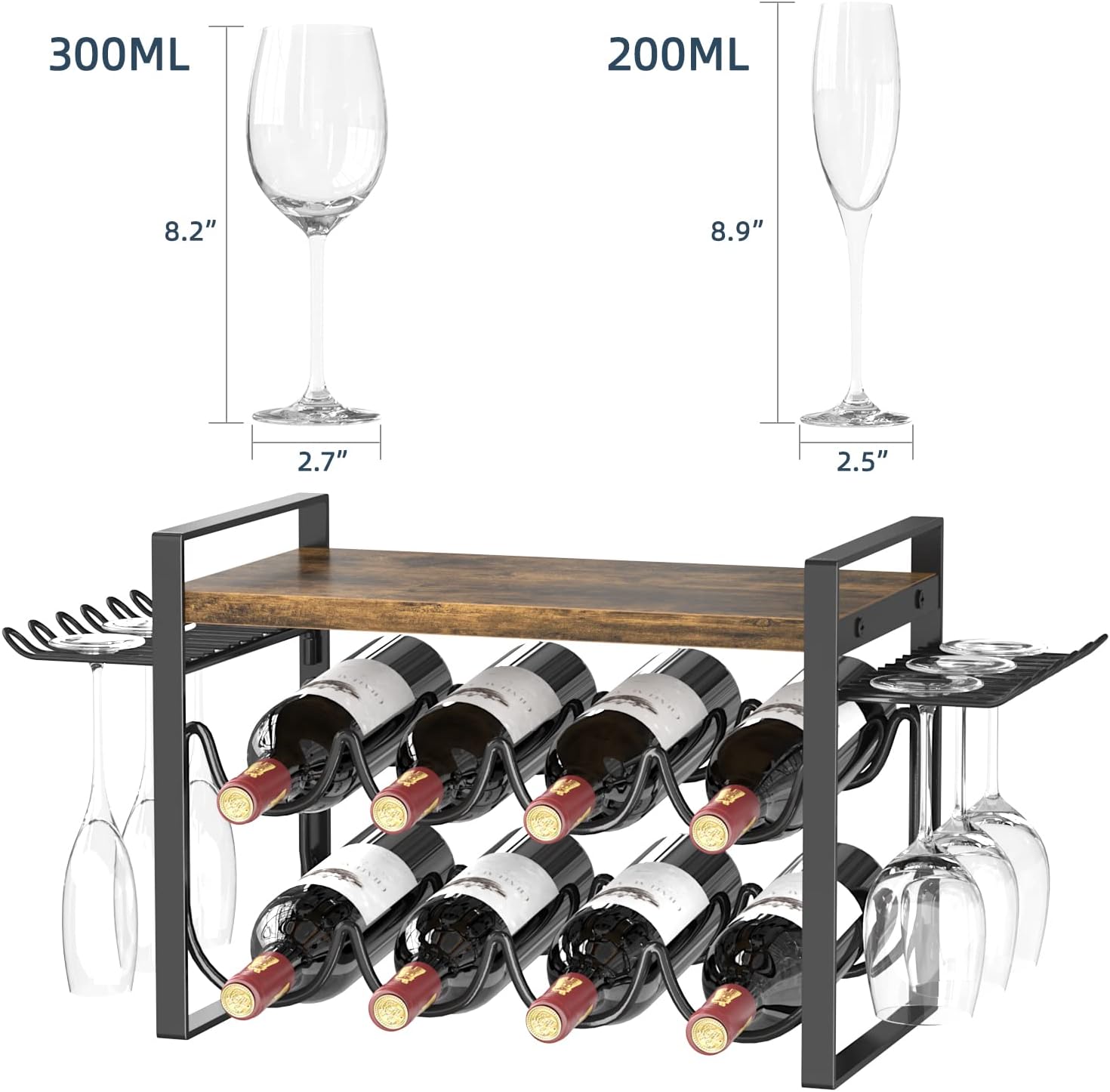 JAFUSI 8-Bottle Wine Rack with Wood Tray and Glasses Hooks