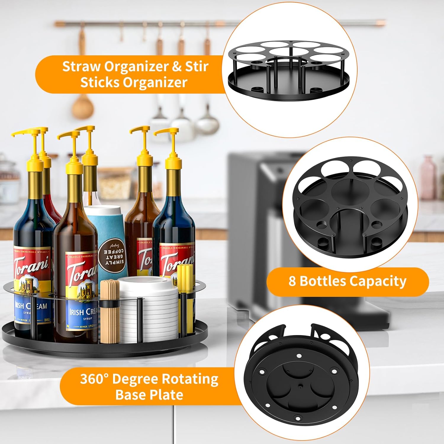 Coffee Syrup Organizer 8 Bottles with Rotating Holder and Stirrers