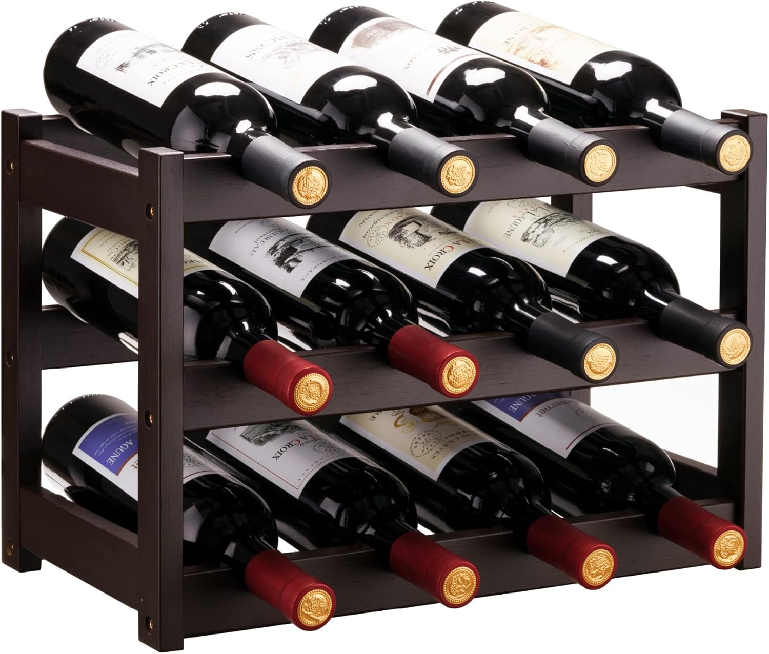 VASMIA Bamboo Wine Rack 3-Tier 12 Bottles Storage Cabinet Shelf