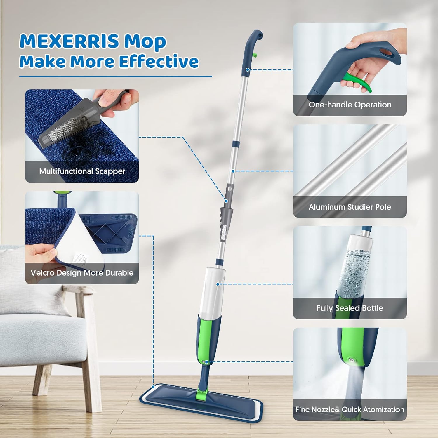 Mexerris Wet Mop with 5X Washable Pads 2X Bottles