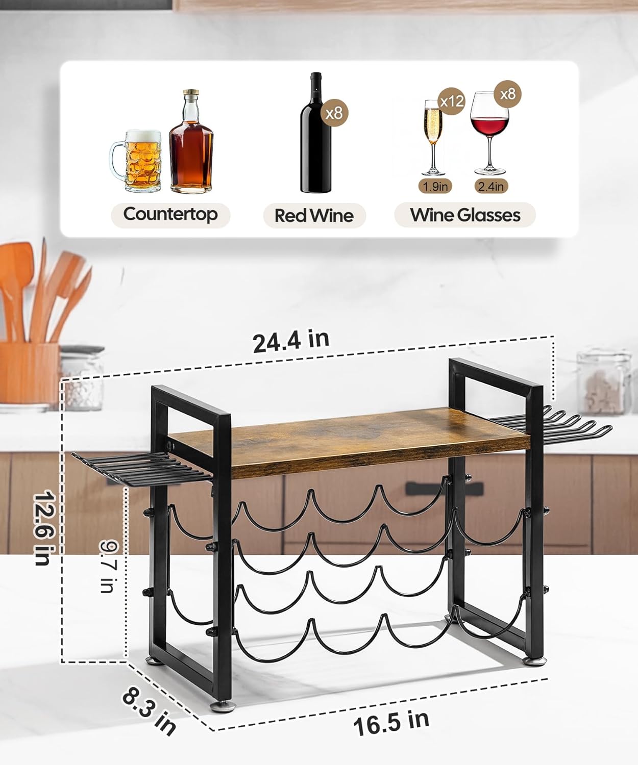 Vilaxing 8-Bottle Wine Rack with 12 Glass Holder