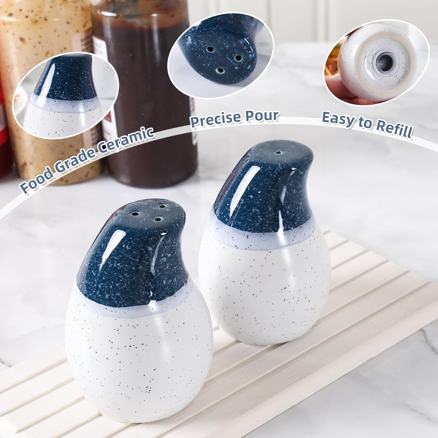 ZEBERBO Ceramic Salt Pepper Shaker Set Blue White