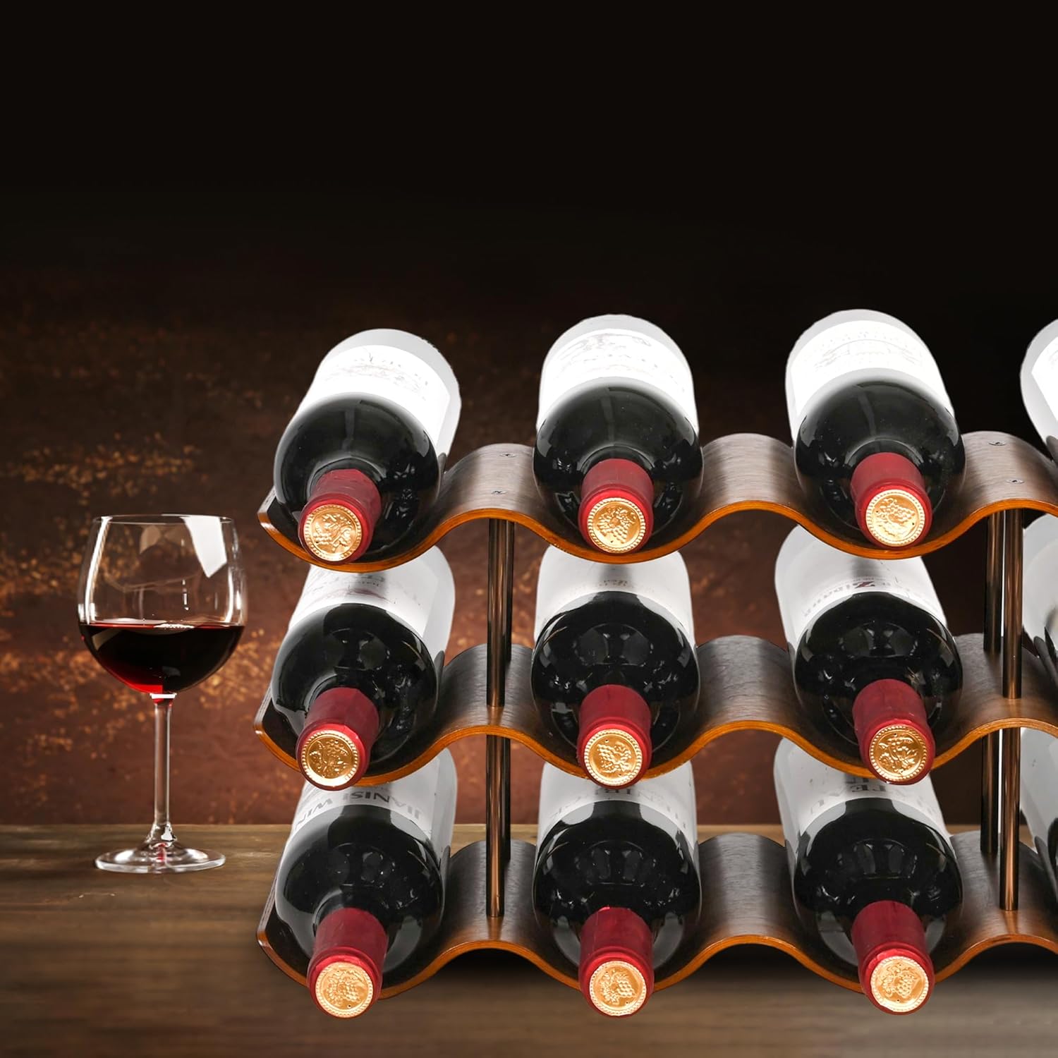 TRUDING 12-Bottle Tabletop Wine Rack - 3 Tier Walnut Wavy Storage Stand