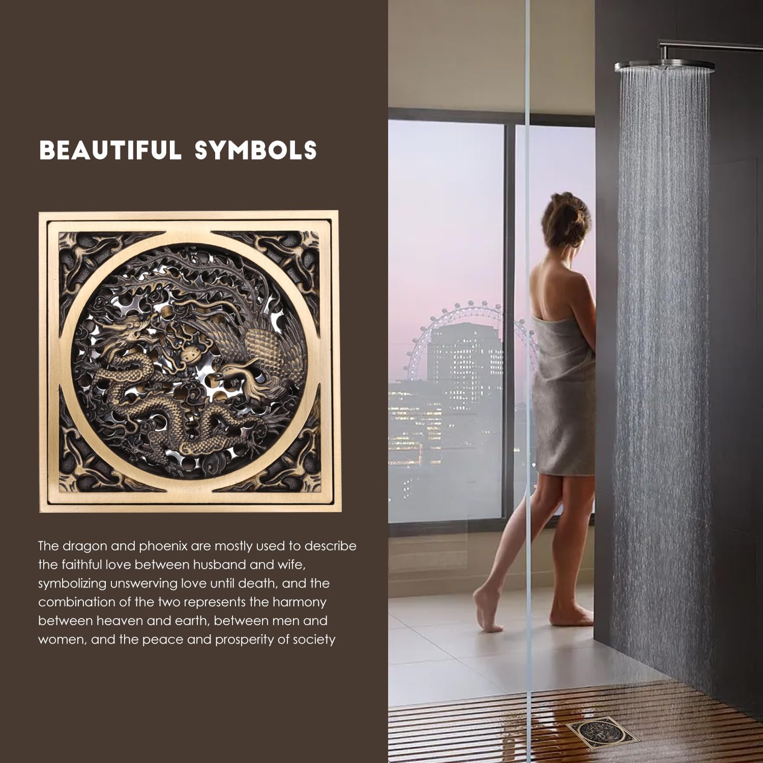Tissting 43x43in Stainless Steel Copper Floor Drain with Dragon Phoenix Relief Design