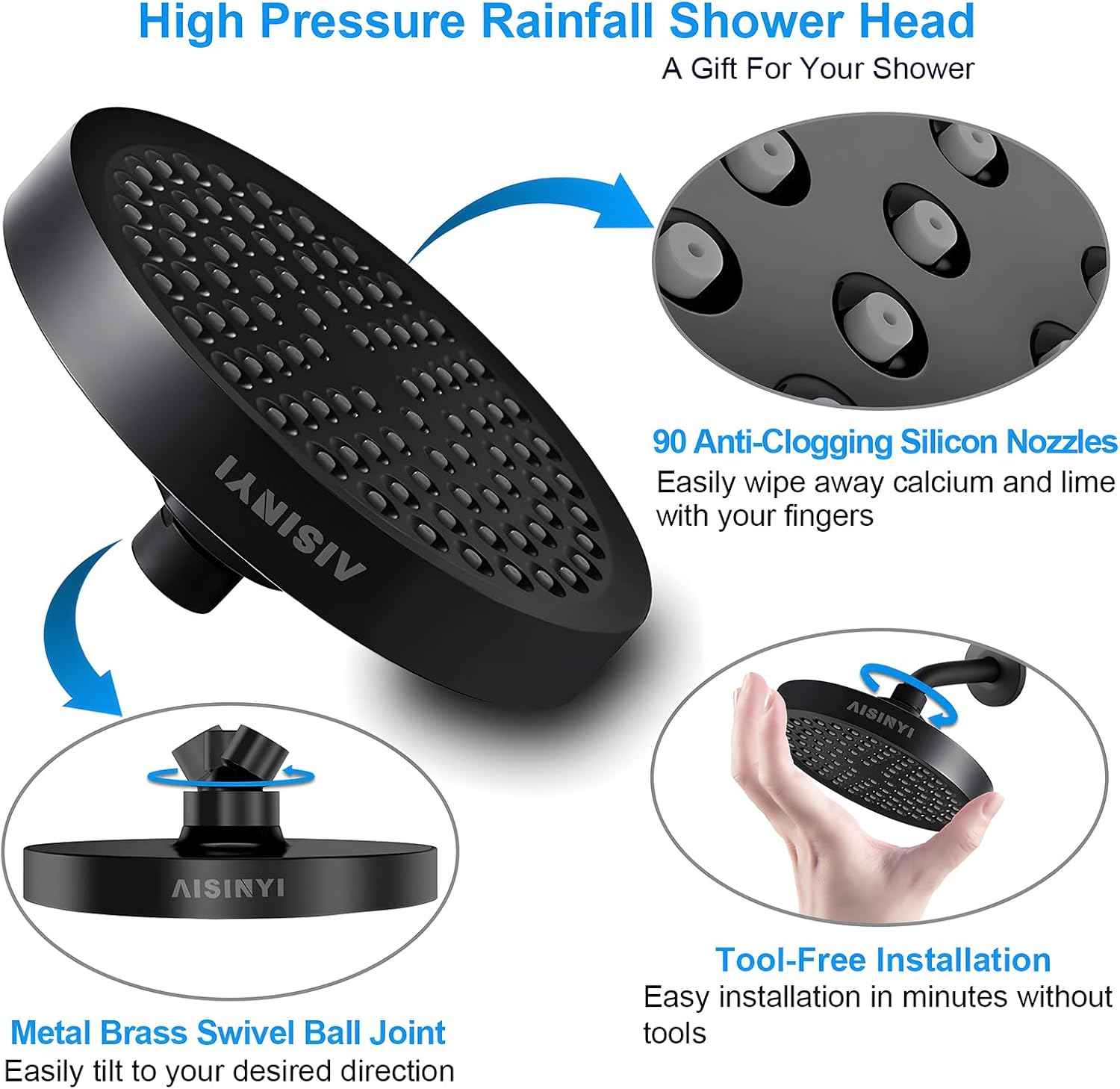 AISINYI 6 Inch Matte Black Rainfall Shower Head