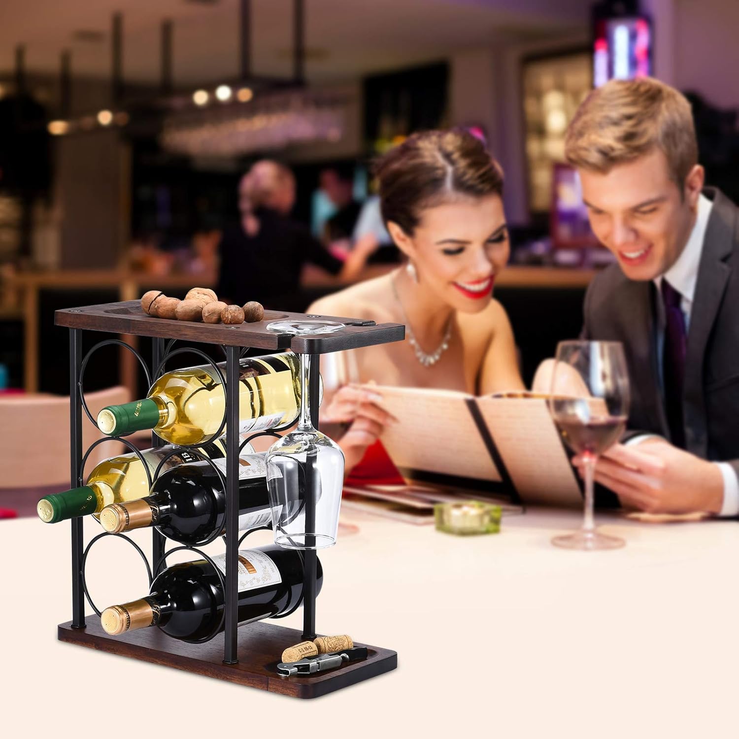 ALLCENER 6-Bottle Wine Rack with 2 Glass Holder