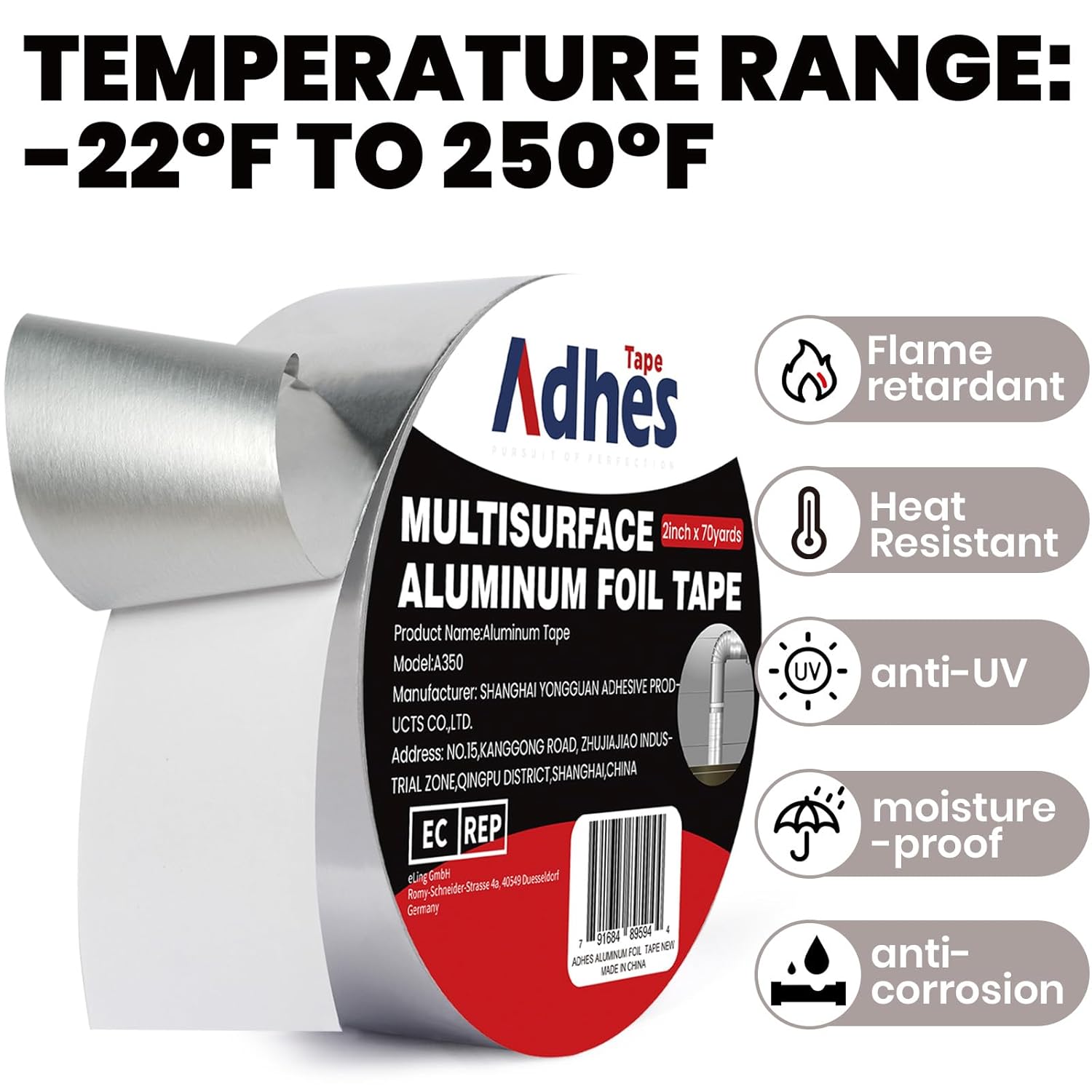ADHES Heavy Duty Aluminum Foil Tape 2 Inch x 210 Feet
