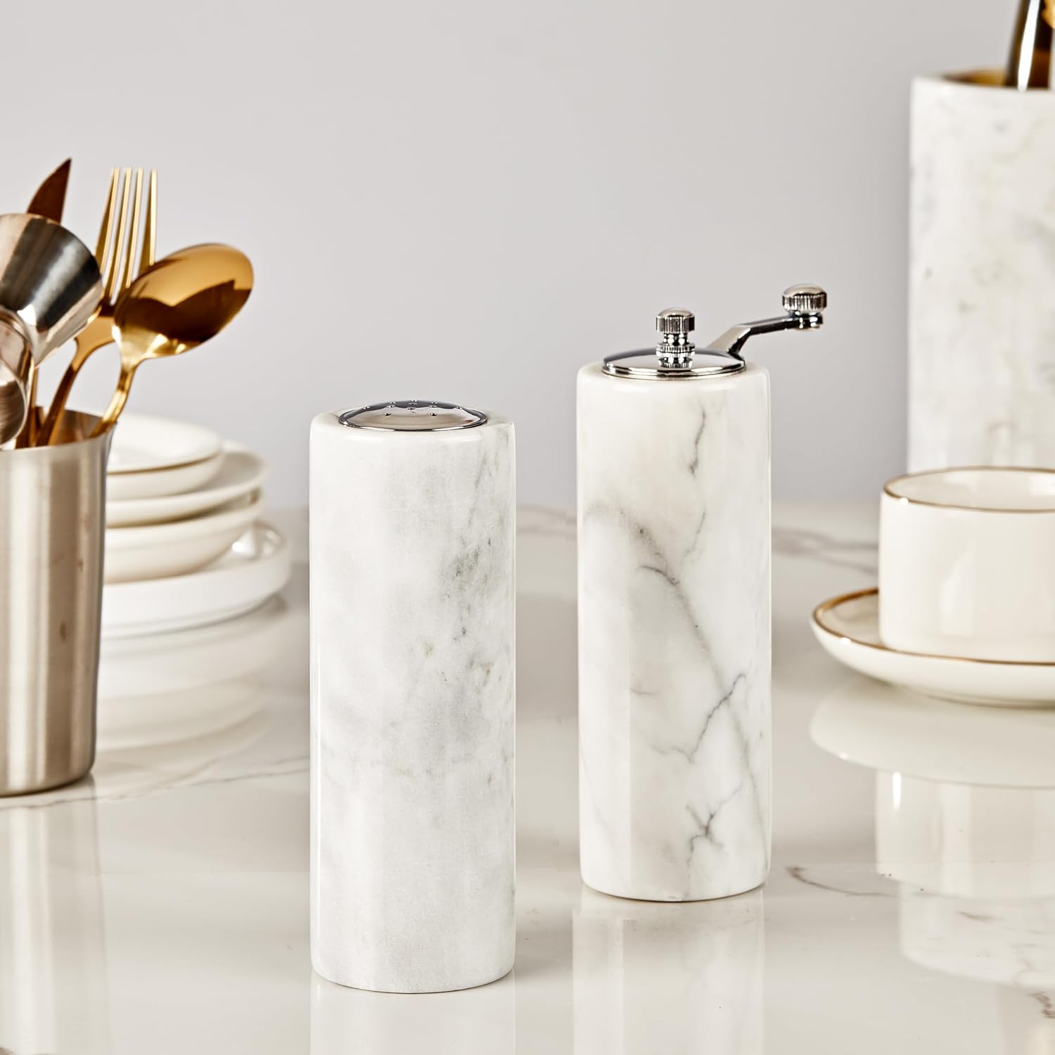 Natural Polished Marble Salt Shaker and Pepper Mill Set