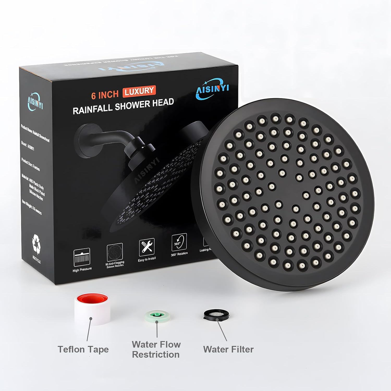 AISINYI 6 Inch Matte Black Rainfall Shower Head