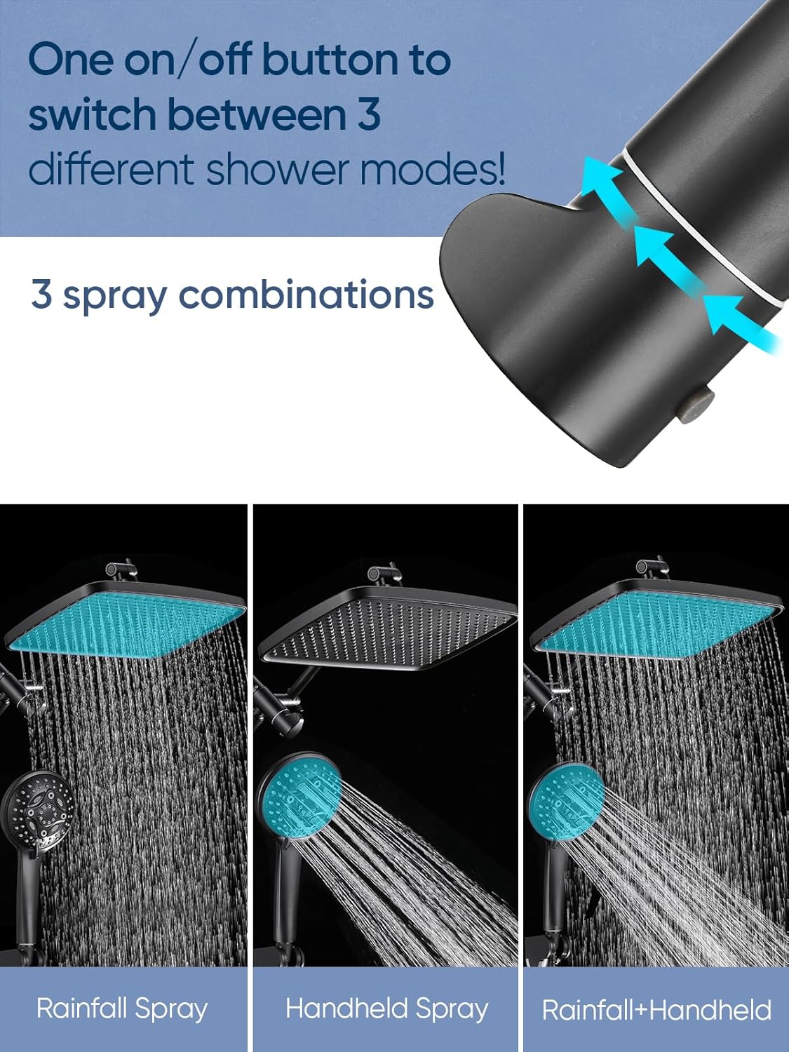 Heemli 12 Inch Adjustable Dual Shower Head Combo - 8 Modes Black