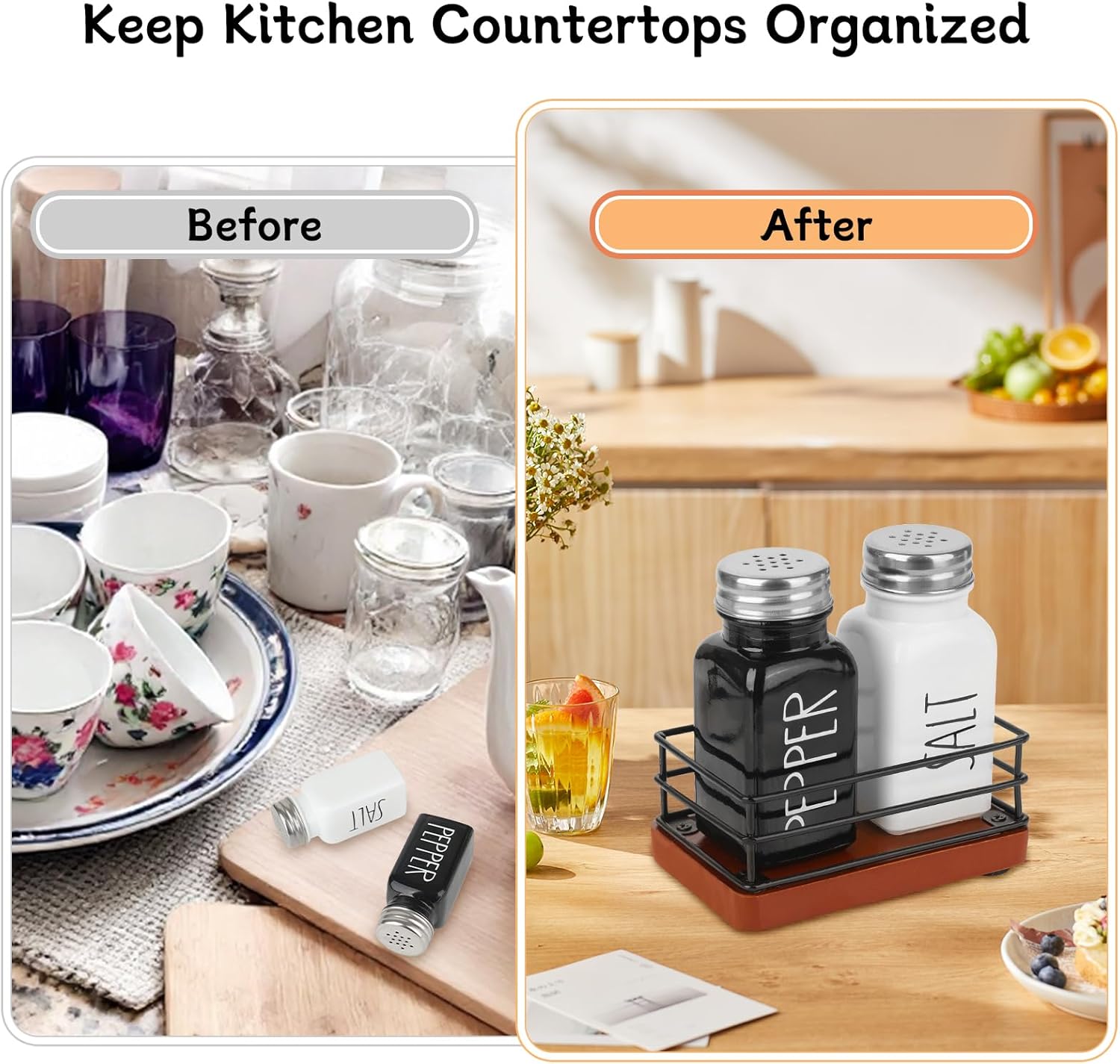 Cute Farmhouse Salt Pepper Shaker Set with Wooden Holder