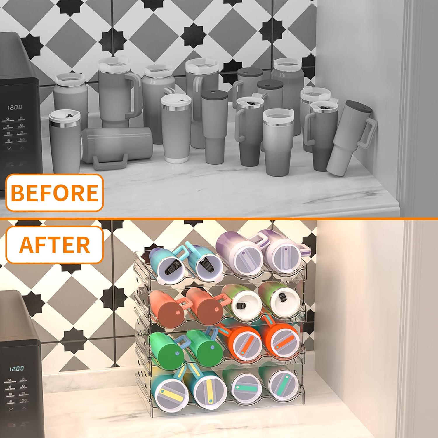 Clear Water Bottle Organizer with 4 Tiers Stackable Design