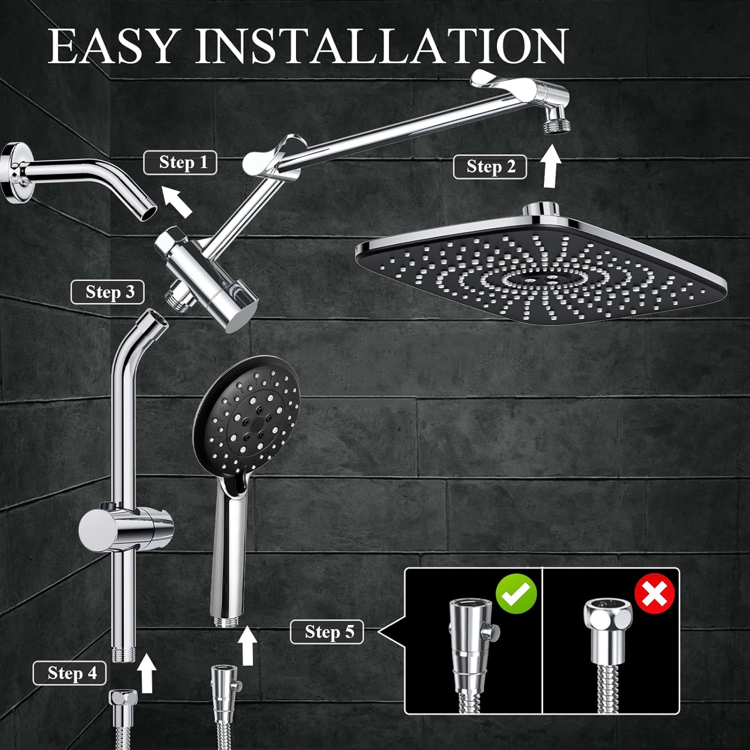 Veken 118 Inch Rain Shower Head with 6 Modes Silver Chrome