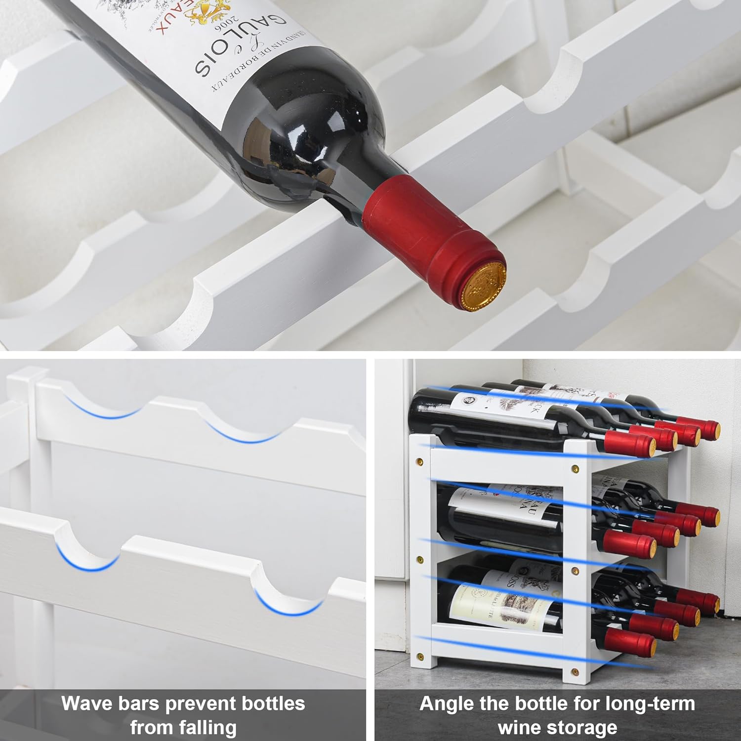 VASMIA Bamboo Wine Rack 3-Tier 12 Bottles White