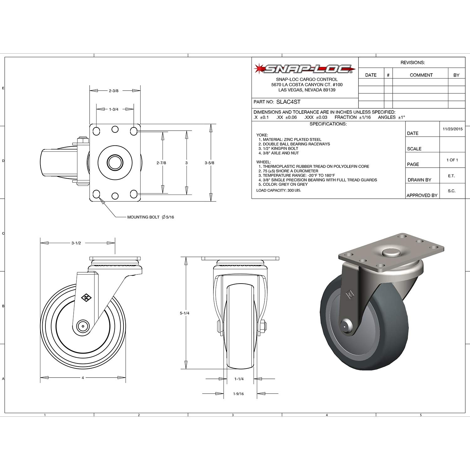 Snap-Loc 4 Inch THERMOPLASTIC Swivel Caster 300 LB