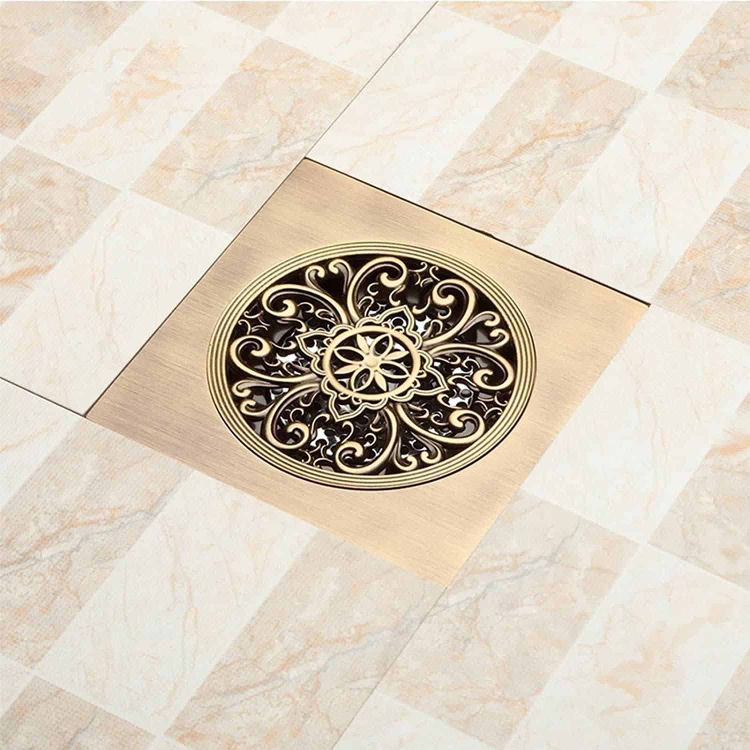 6 Inch Antique Brass Floor Drain with Quadrato Pattern
