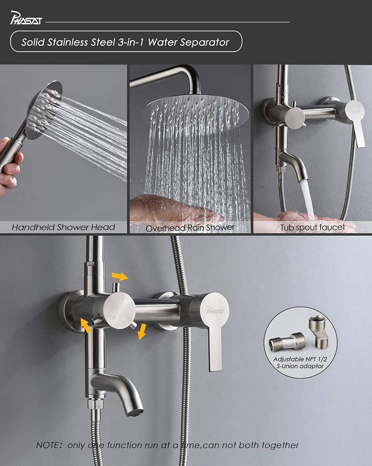 PHASAT 3 Functions Stainless Steel Shower System with Rainfall Head