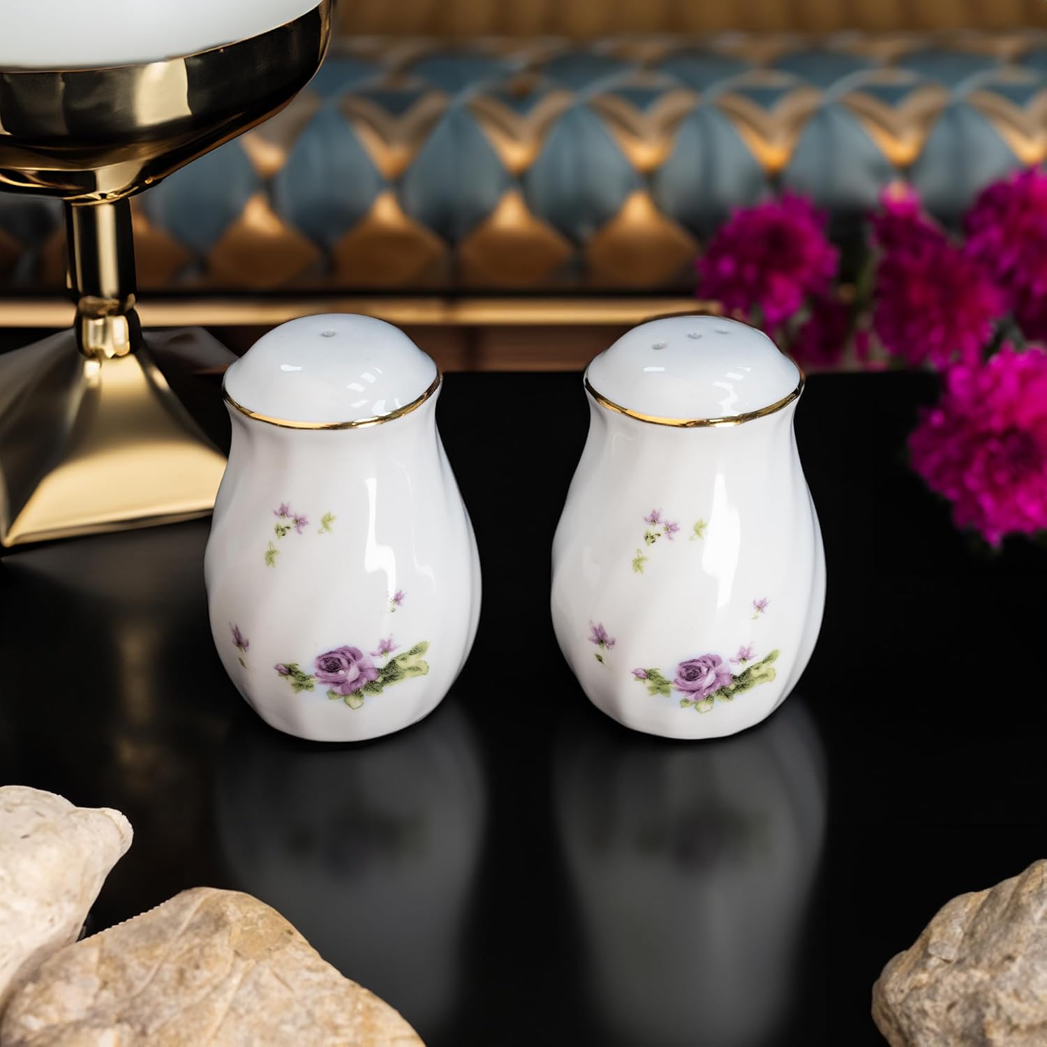 Lynns Paradise Lucinda Purple Gold Salt Pepper Shakers