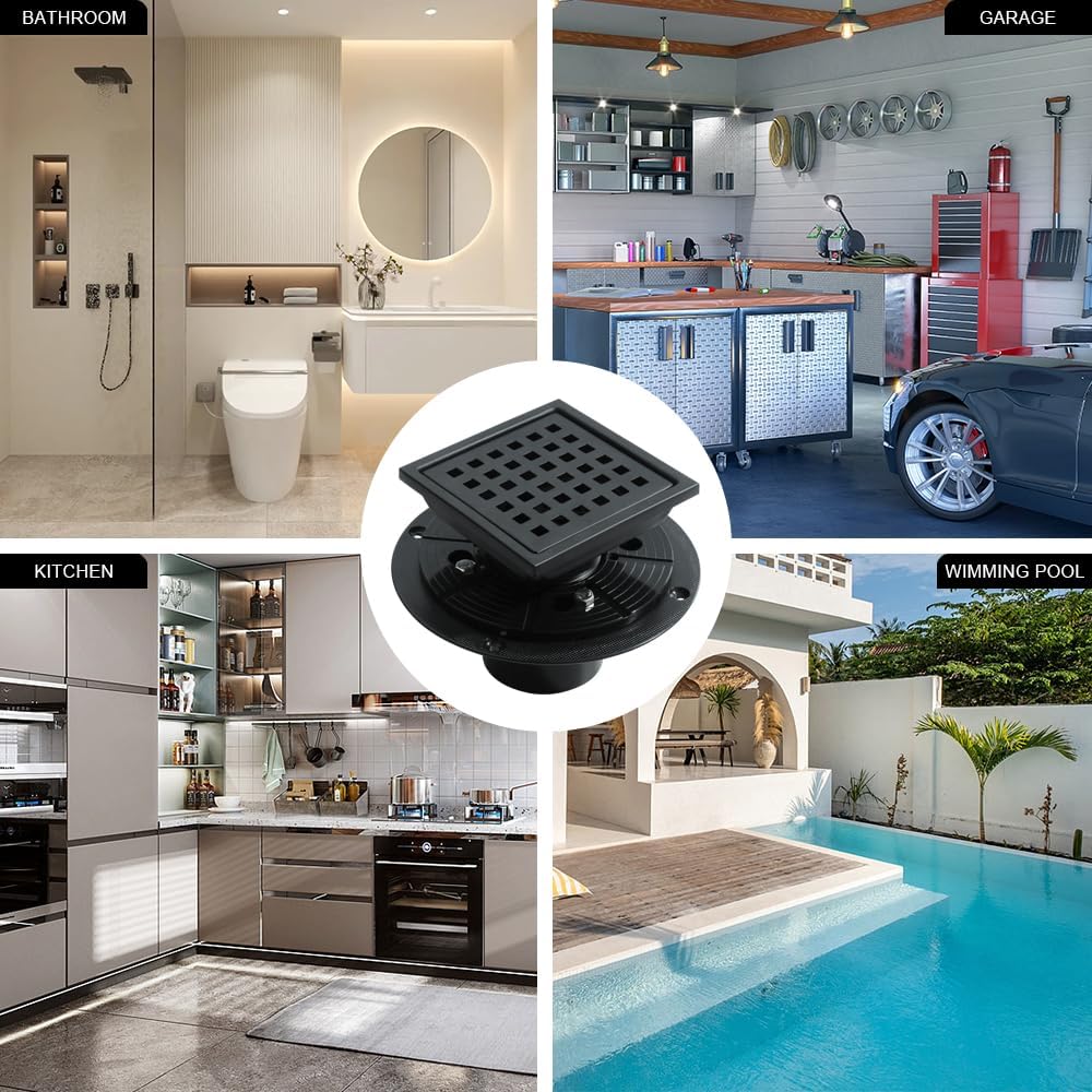 4 Inch Square Shower Drain with Flange and Hair Strainer