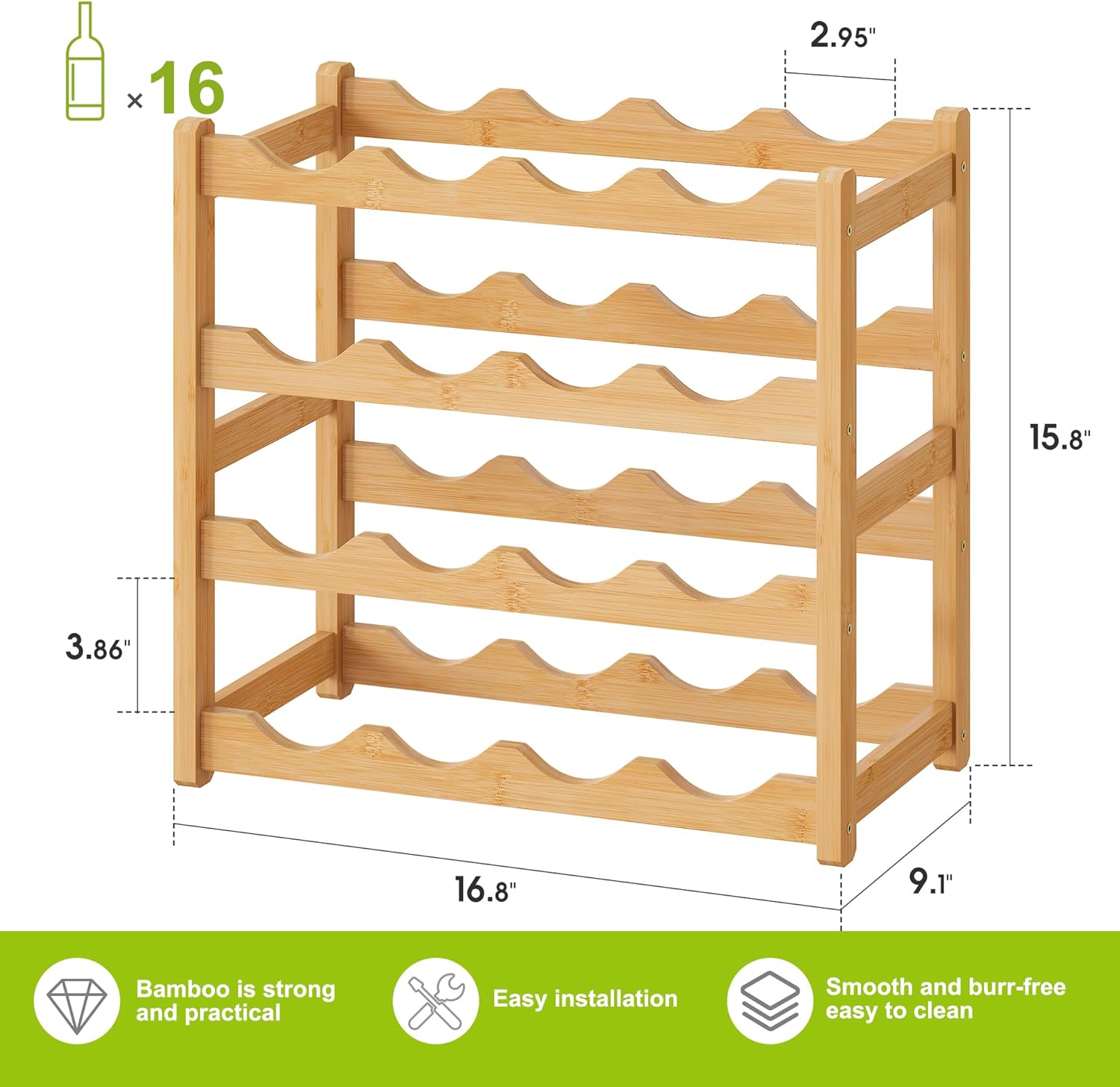 BMOSU 4-Tier Bamboo Wine Rack with 16 Bottle Capacity