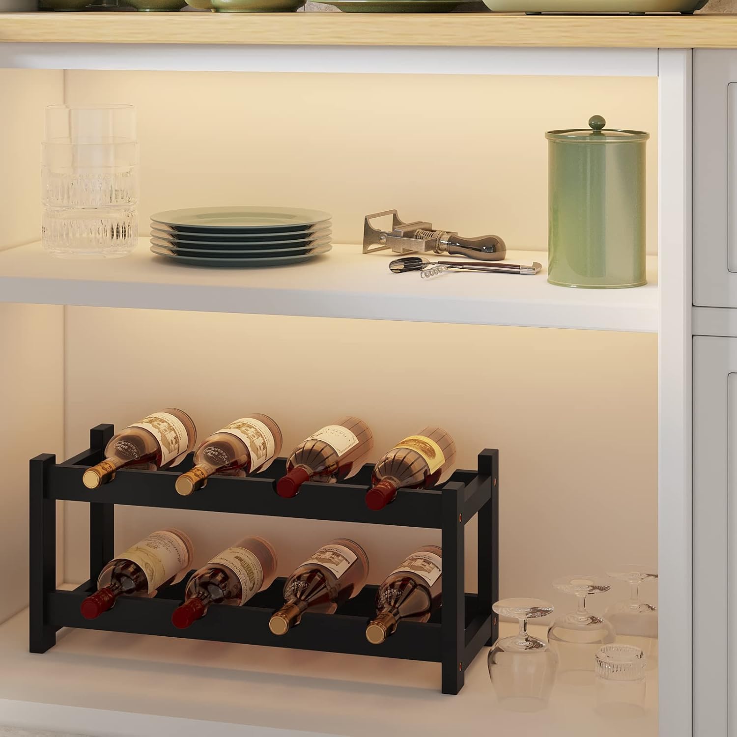 BAMEOS Freestanding 8 Bottle Bamboo Wine Rack 2 Tier
