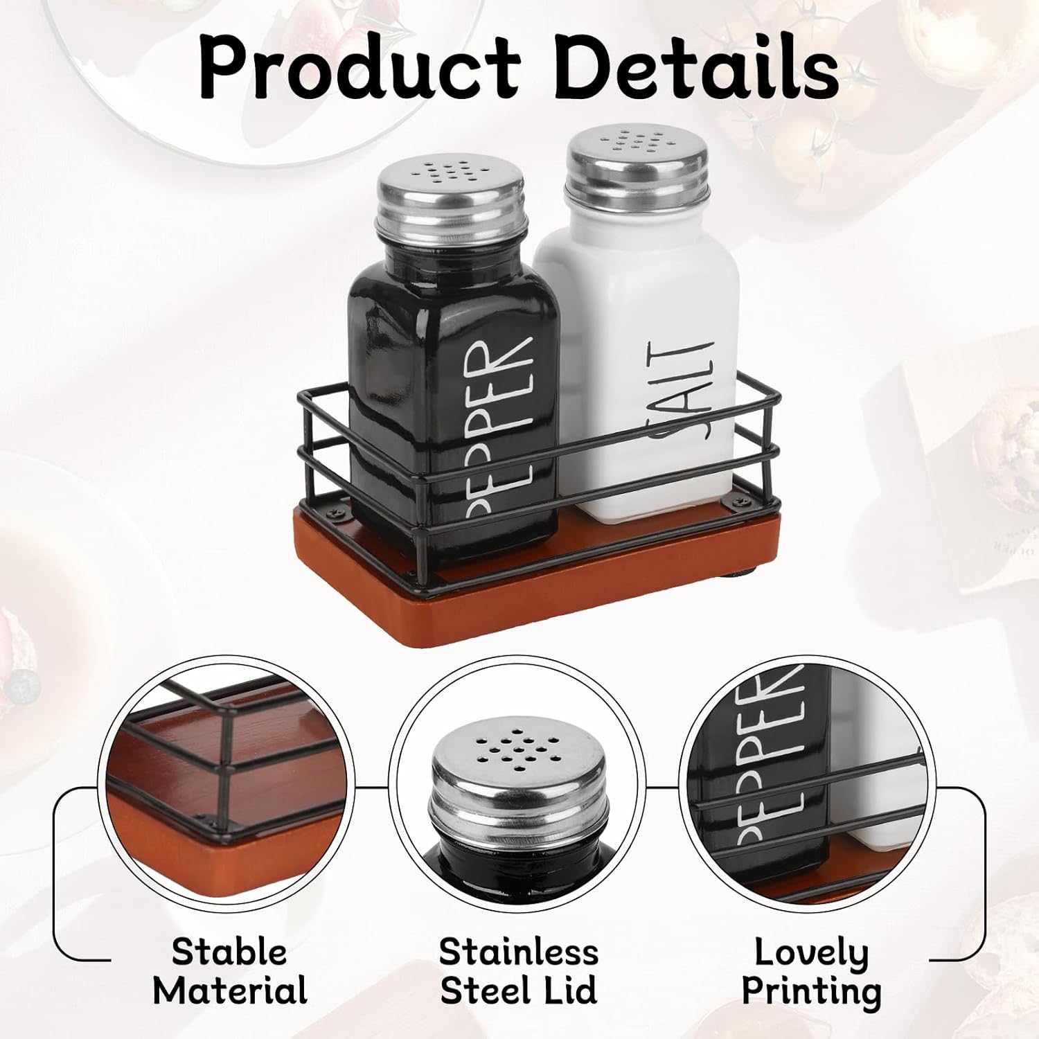 Cute Farmhouse Salt Pepper Shaker Set with Wooden Holder