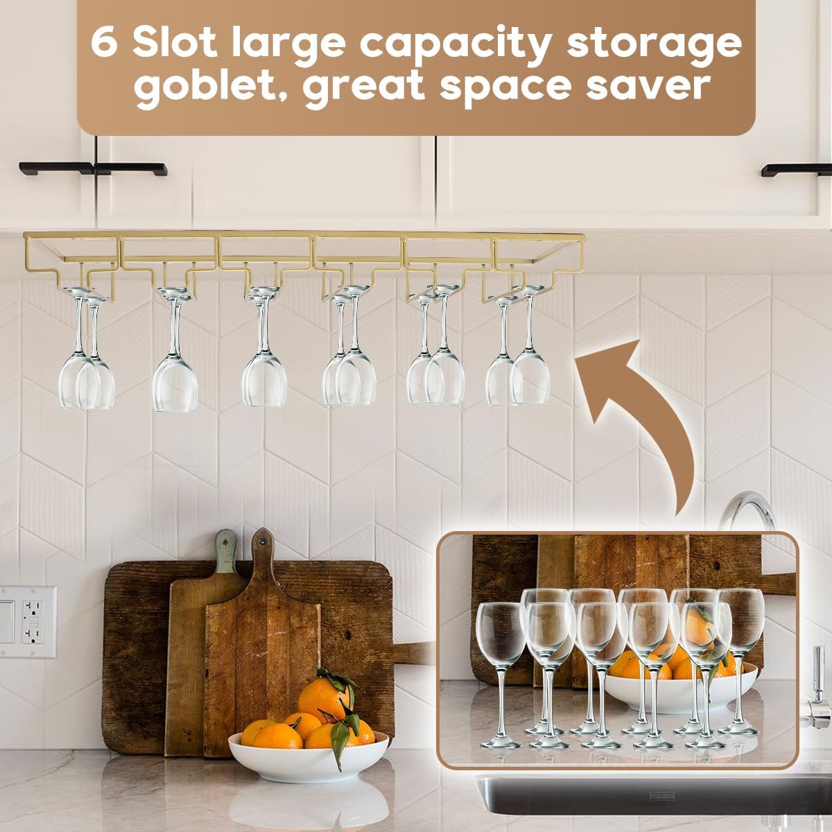 Xverycan 6 Row Wine Glass Rack Under Cabinet Gold