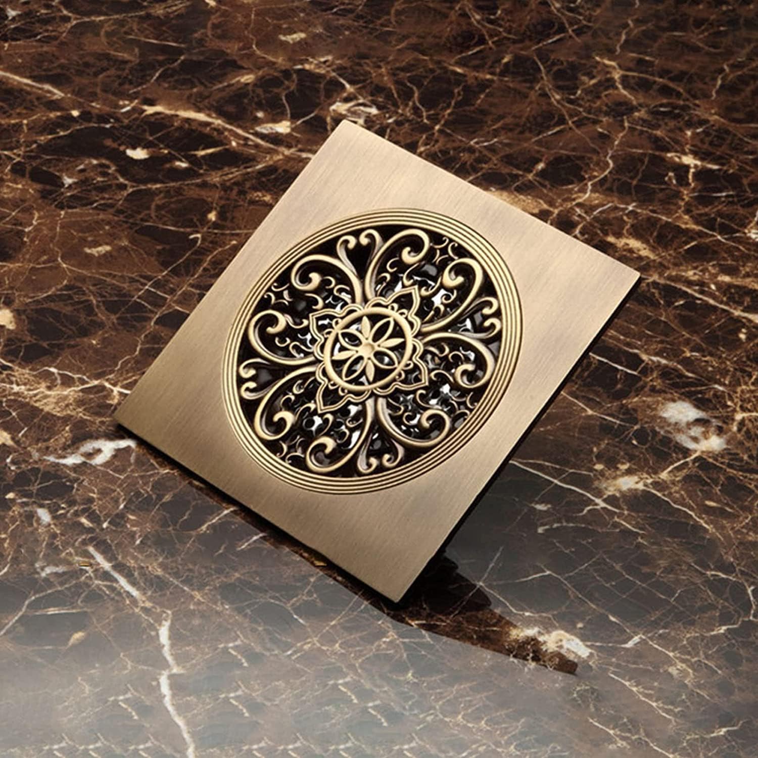 6 Inch Antique Brass Floor Drain with Quadrato Pattern