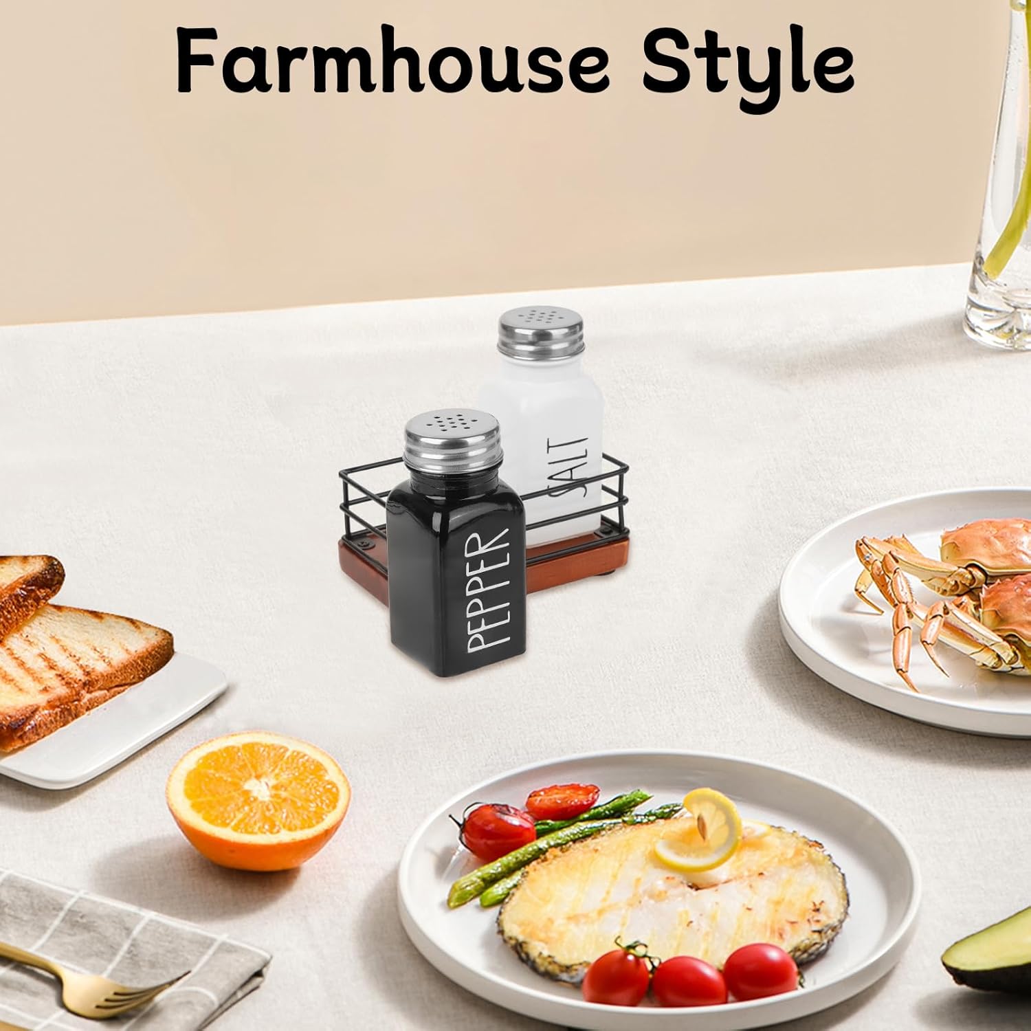Cute Farmhouse Salt Pepper Shaker Set with Wooden Holder